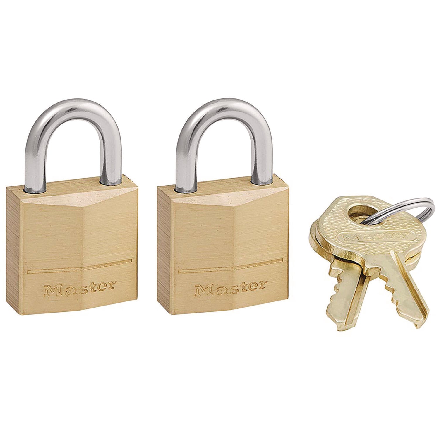 Master Lock® Three-Pin Brass Tumbler Locks, 0.75" Wide, 2 Locks and 2 Keys, 2/Pack