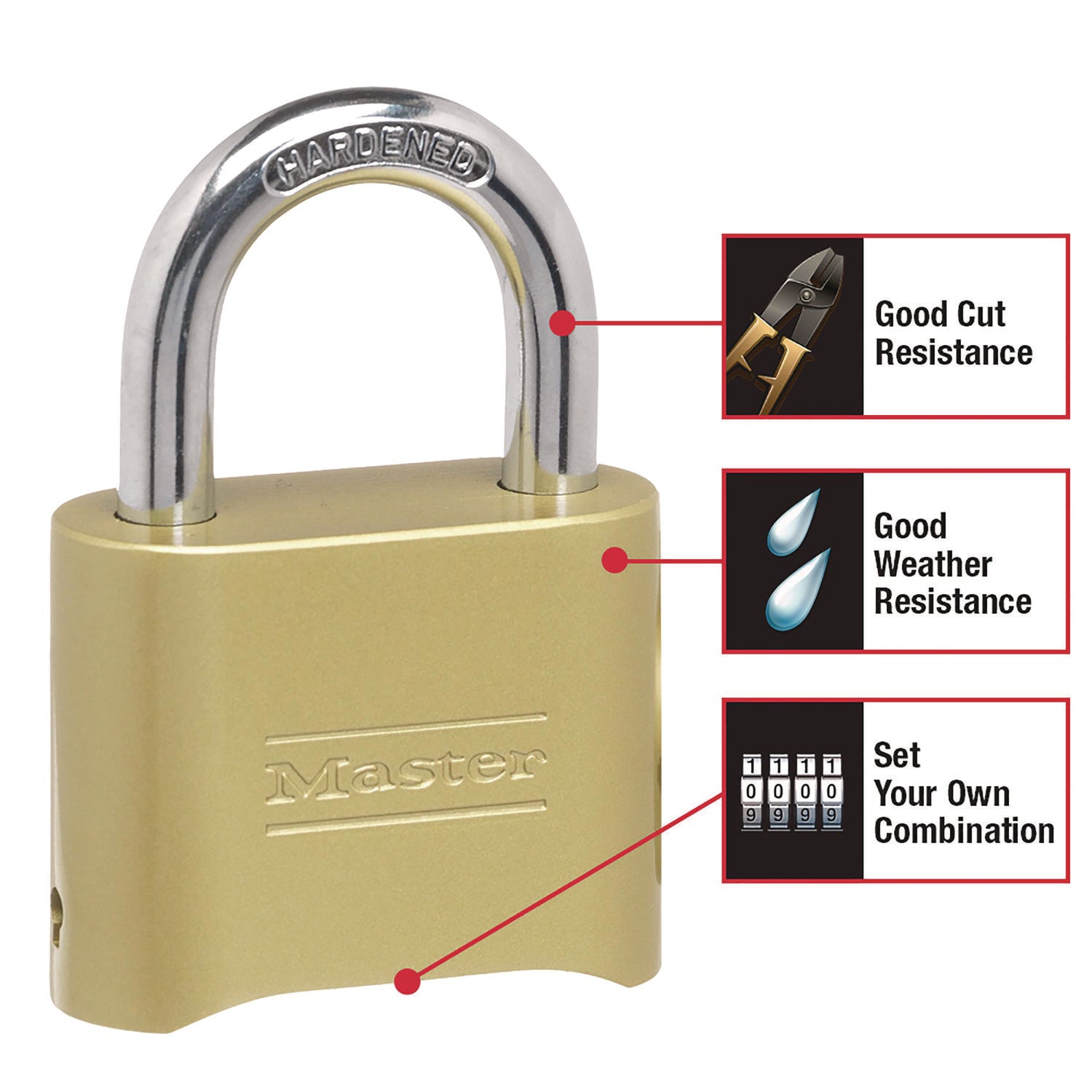 Master Lock® Resettable Combination Padlock, 2" Wide, Brass
