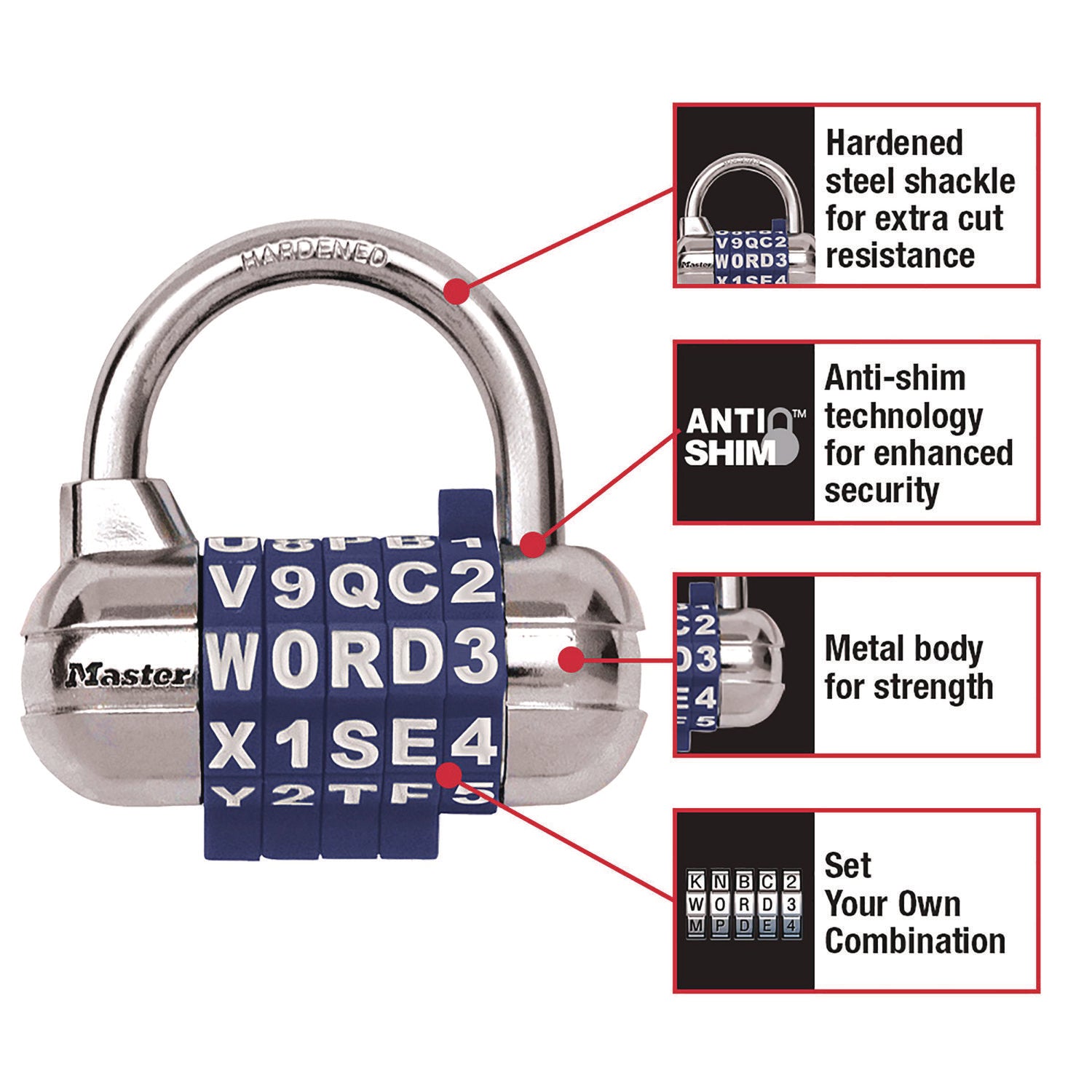 Master Lock® Password Plus Combination Lock, Hardened Steel Shackle, 2.5" Wide, Chrome/Assorted
