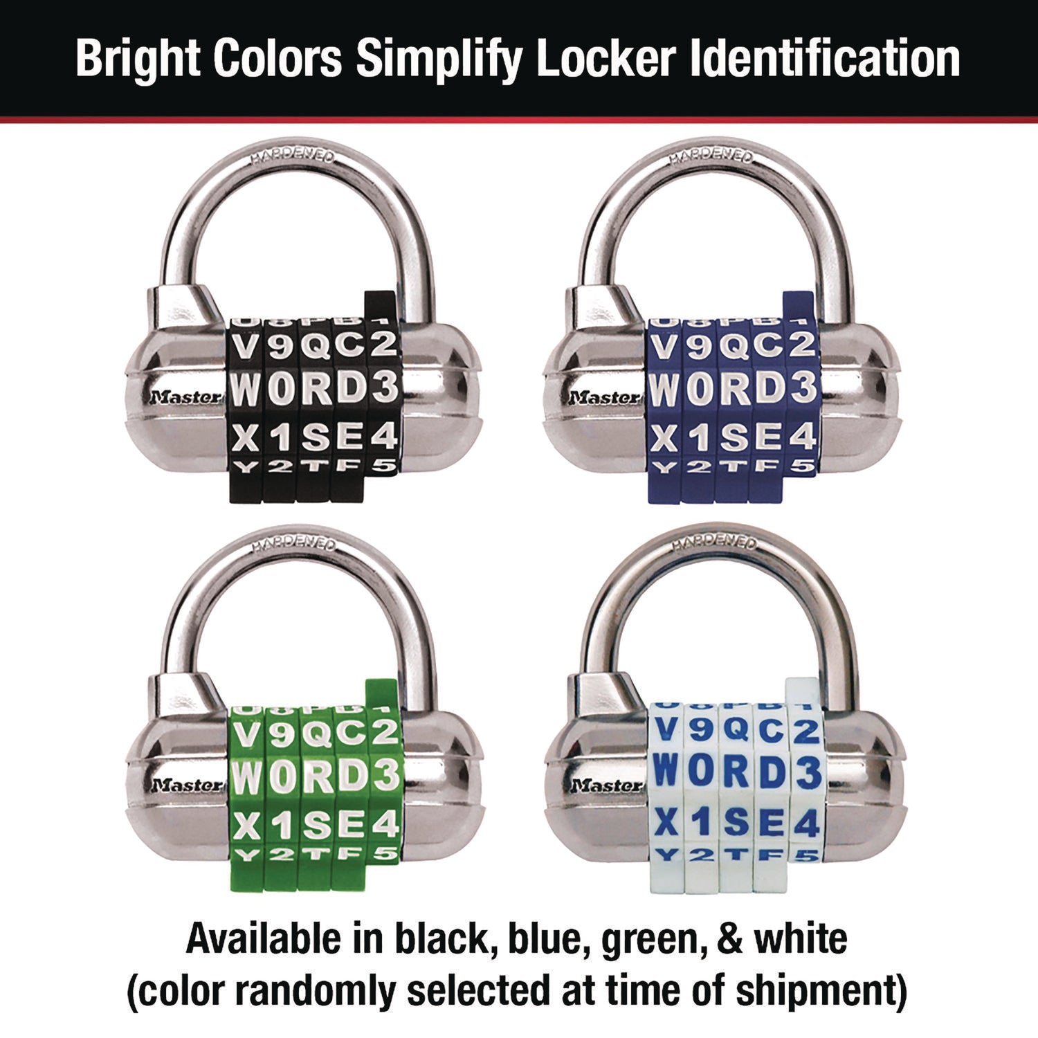 Master Lock® Password Plus Combination Lock, Hardened Steel Shackle, 2.5" Wide, Chrome/Assorted