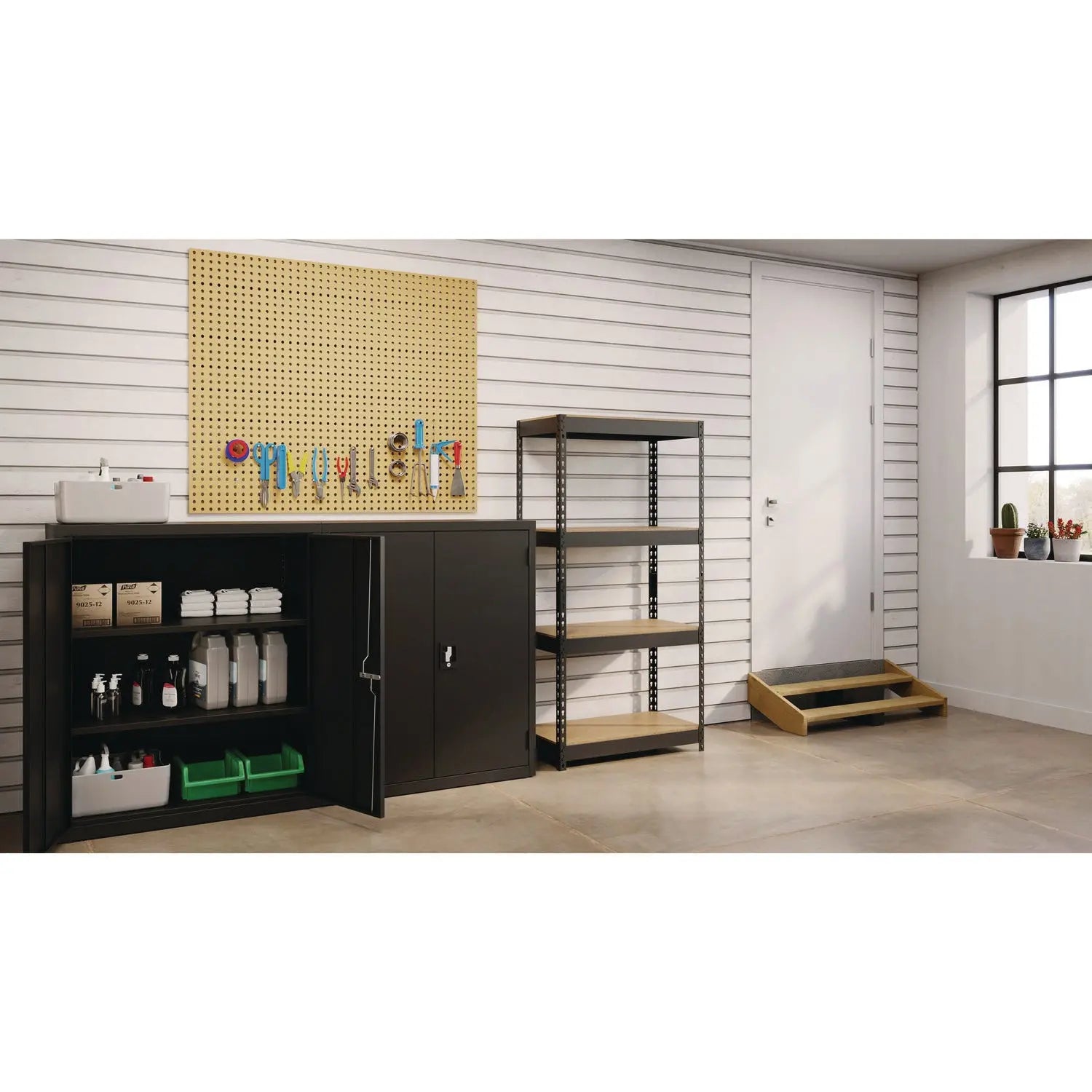 Steel Shelving with Particleboard Shelves, Four-Shelf, 30w x 16d x 60h, Steel, Black Alera® Flipcost
