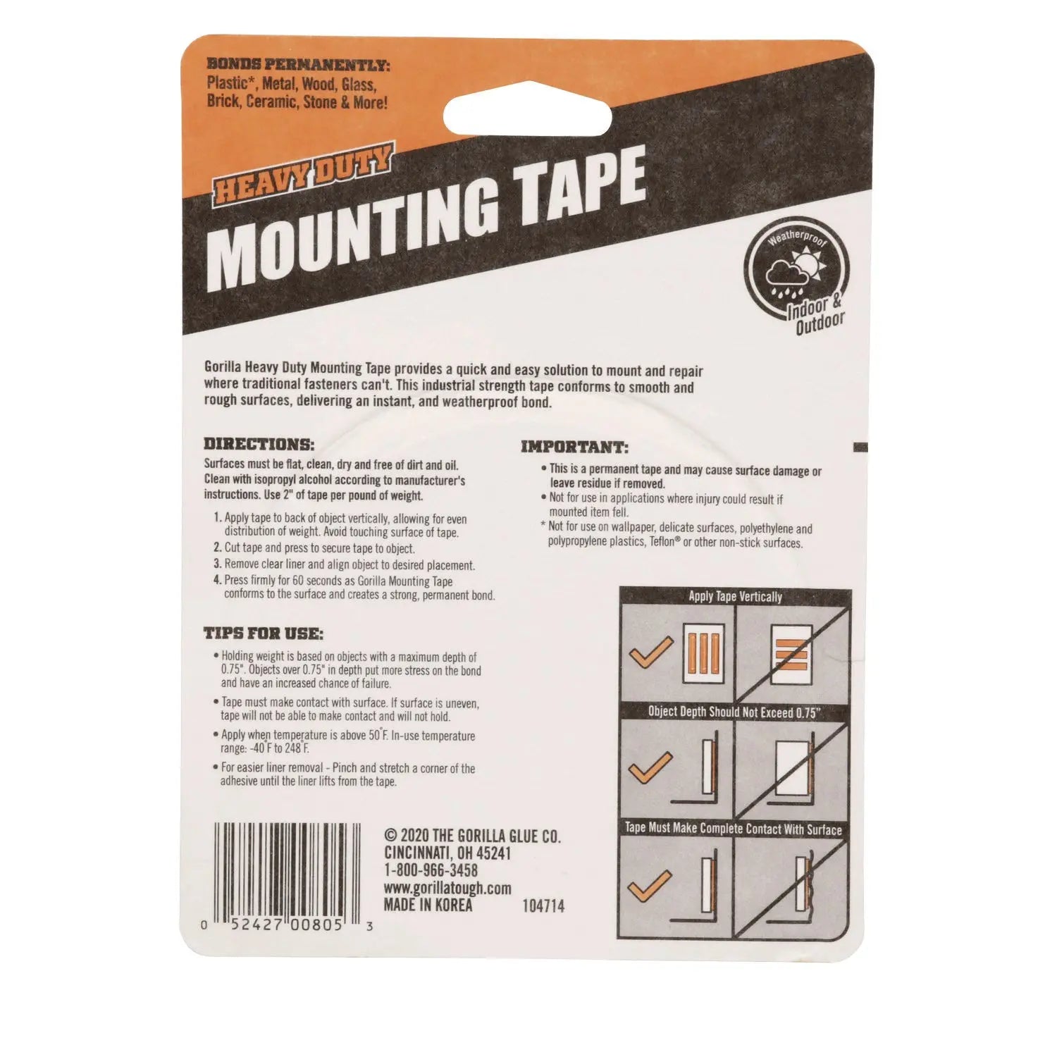 Heavy Duty Mounting Tape, Permanent, Holds Up to 60 lb (1 lb per 2 in), 1 x 120, Black Gorilla® Flipcost