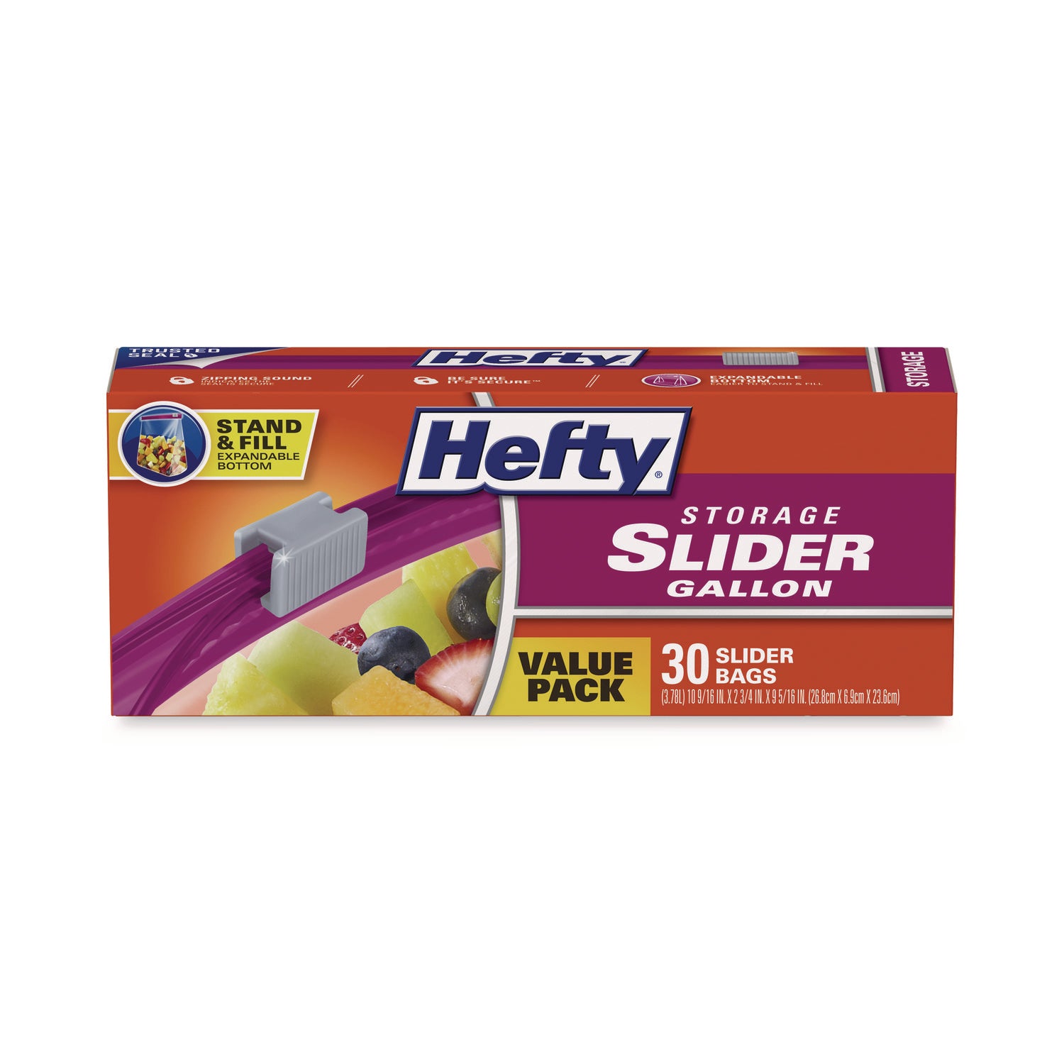 Hefty® Slider Stand and Fill Food Storage Bags, Gallon, 10.56" x 11", Clear, 30 Bags/Box, 9 Boxes/Carton