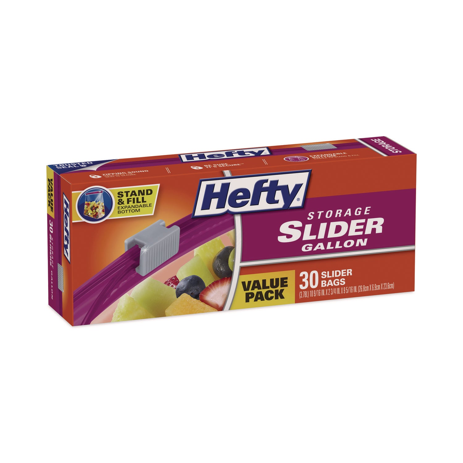 Hefty® Slider Stand and Fill Food Storage Bags, Gallon, 10.56" x 11", Clear, 30 Bags/Box, 9 Boxes/Carton