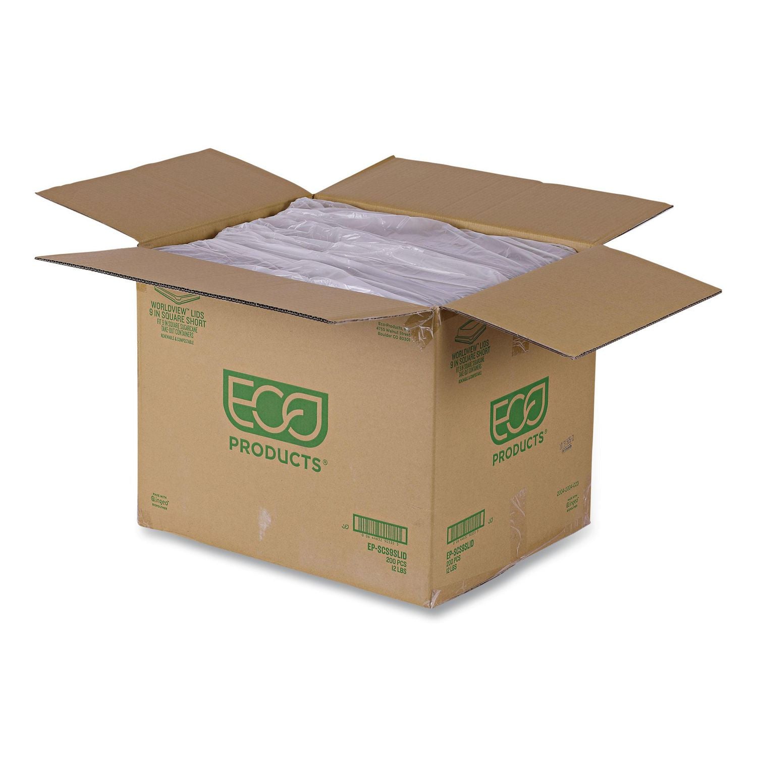 Eco-Products® Renewable and Compostable Lids, 8.8 x 8.8 x 1.64, Clear, Plastic, 200/Carton