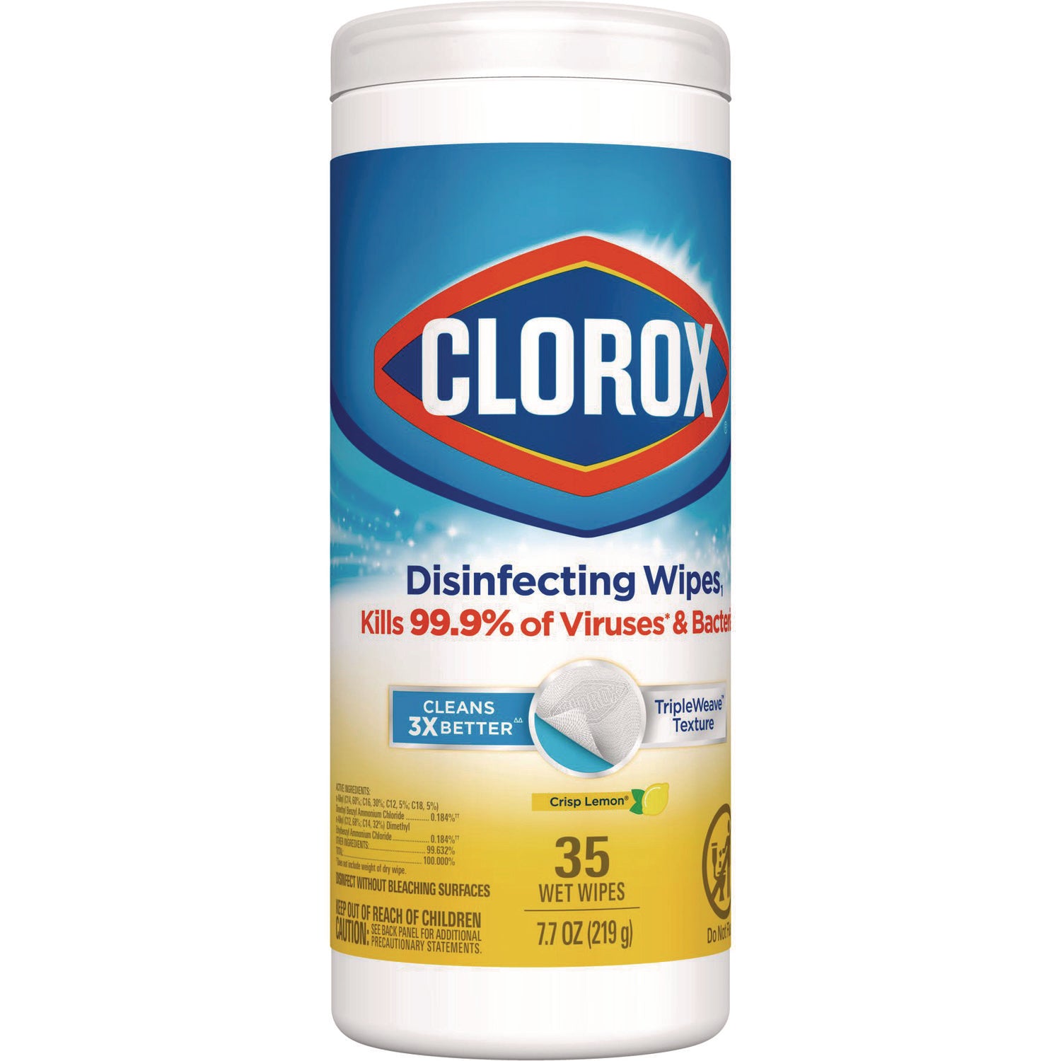 Clorox® Disinfecting Wipes, 1-Ply, 7 x 8, Crisp Lemon, White, 35/Canister, 12 Canisters/Carton
