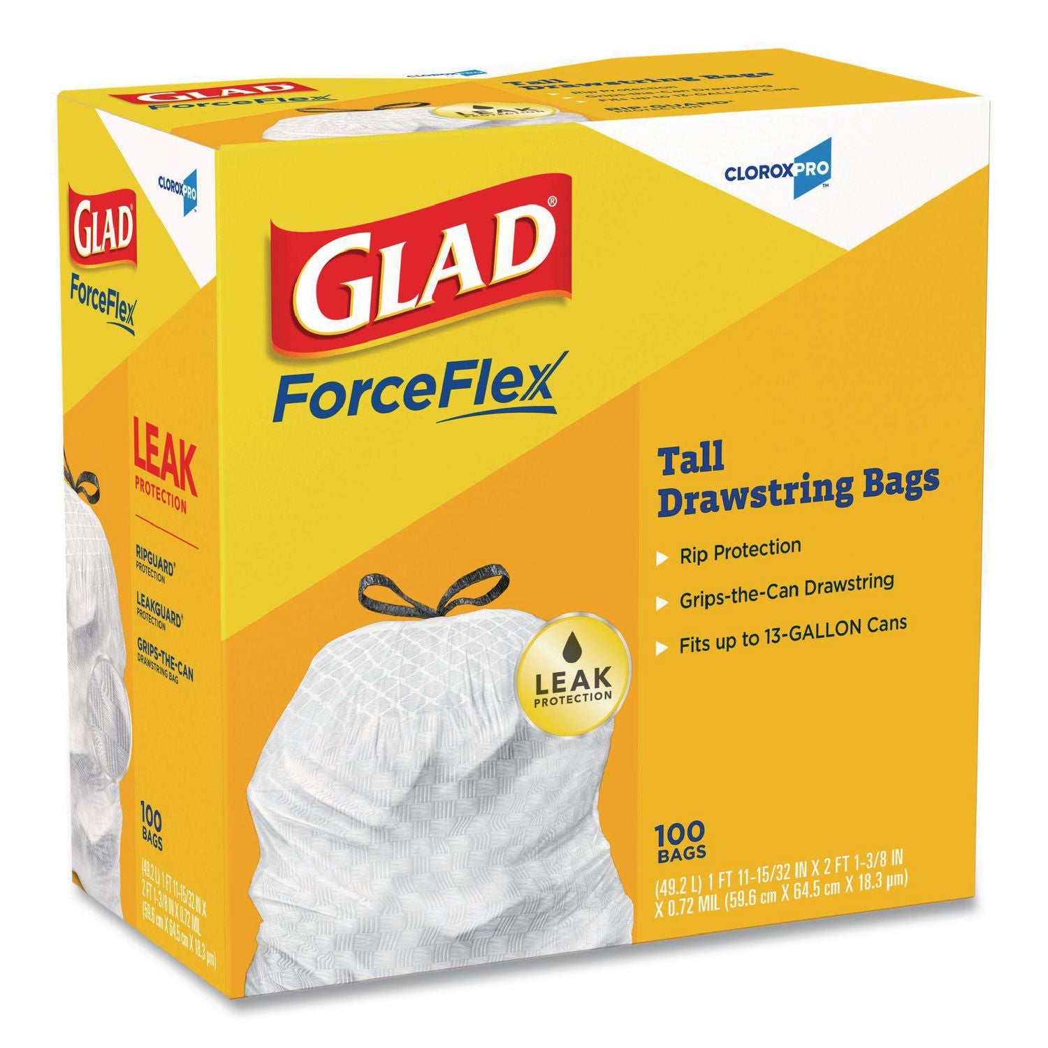 Glad® CloroxPro ForceFlex Tall Kitchen Drawstring Trash Bags, 13 gal, 24 x 27.38, Gray, 100/Box