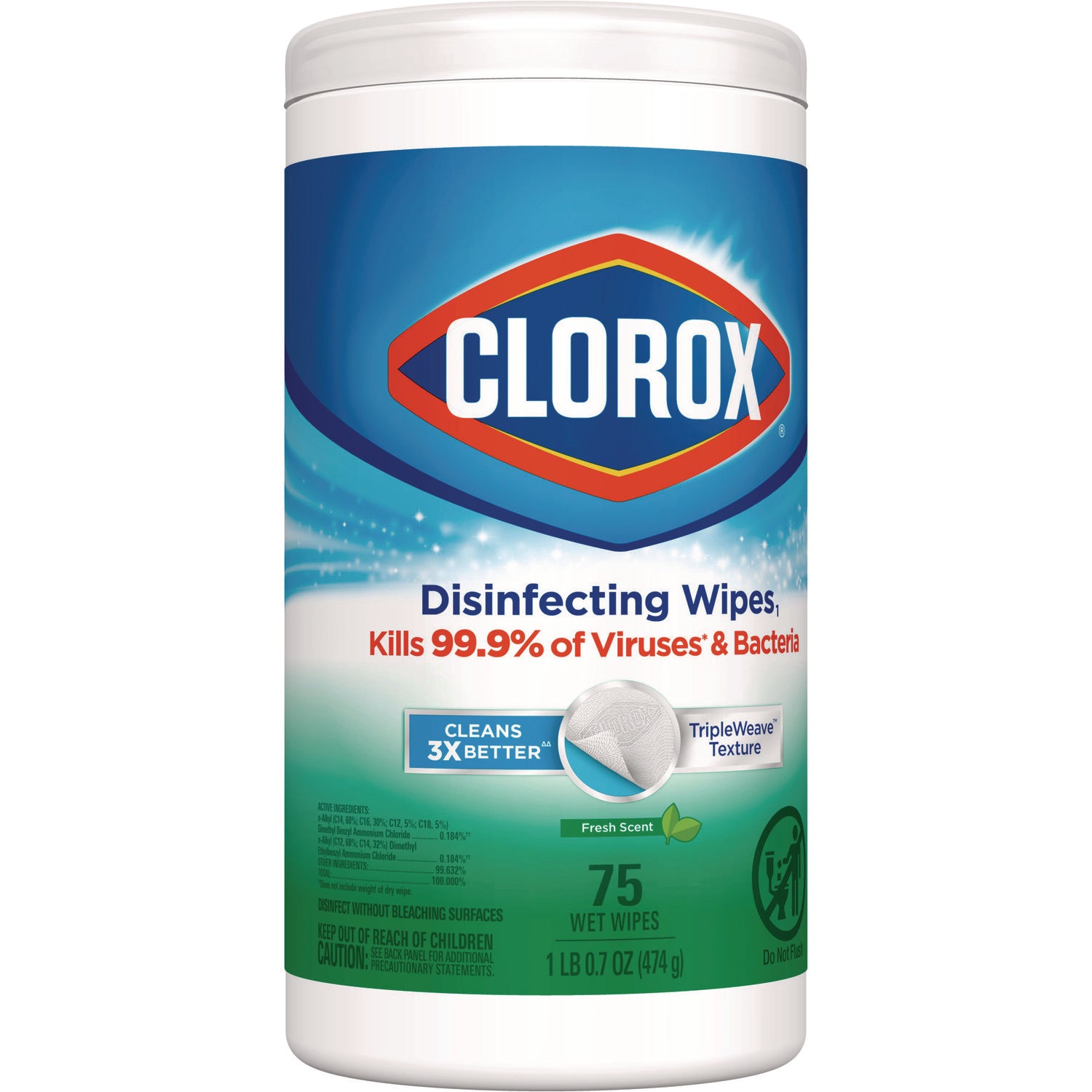 Clorox® Disinfecting Wipes, 1-Ply, 7 x 8, Fresh Scent, White, 75/Canister, 6 Canisters/Carton