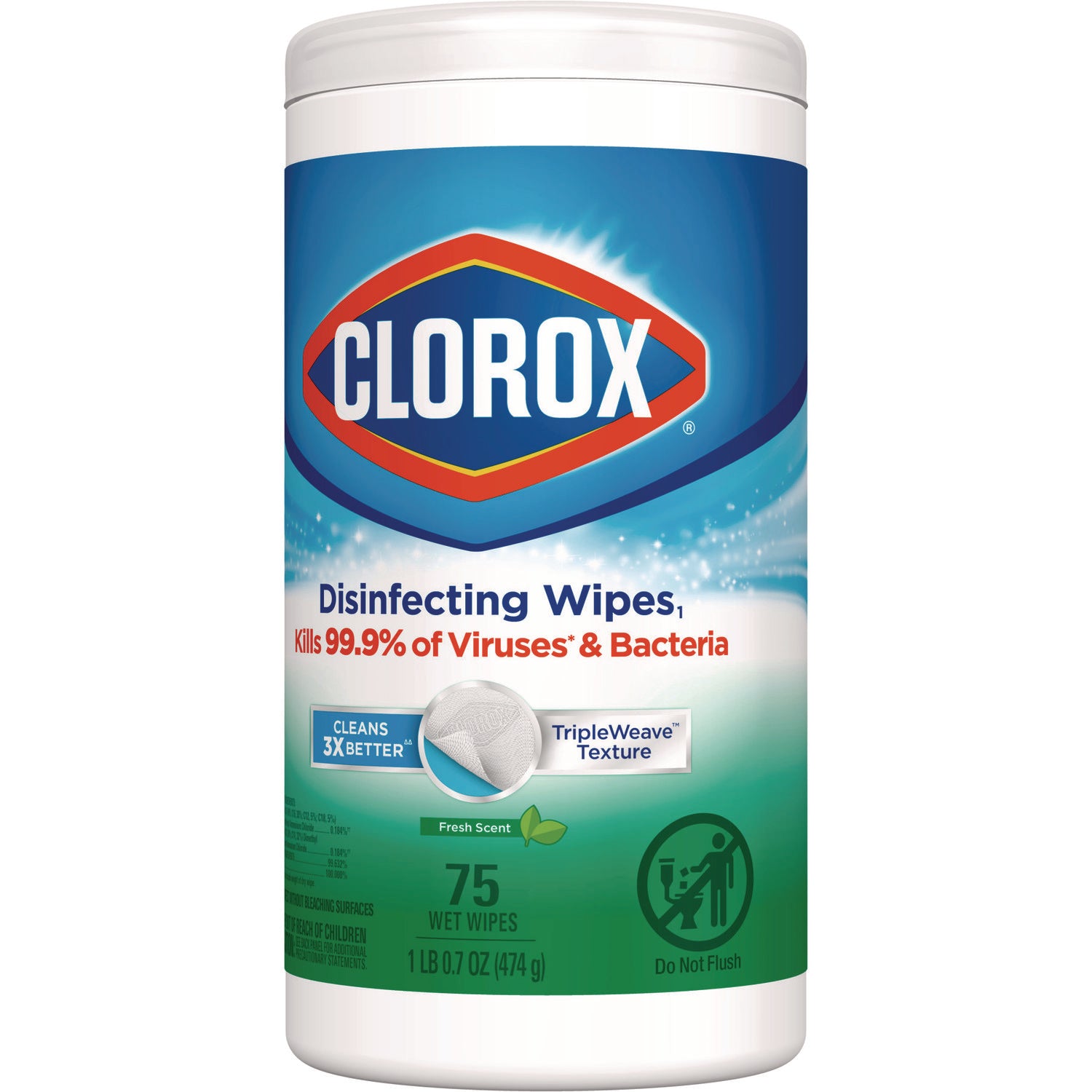 Clorox® Disinfecting Wipes, 1-Ply, 7 x 8, Fresh Scent, White, 75/Canister, 6 Canisters/Carton