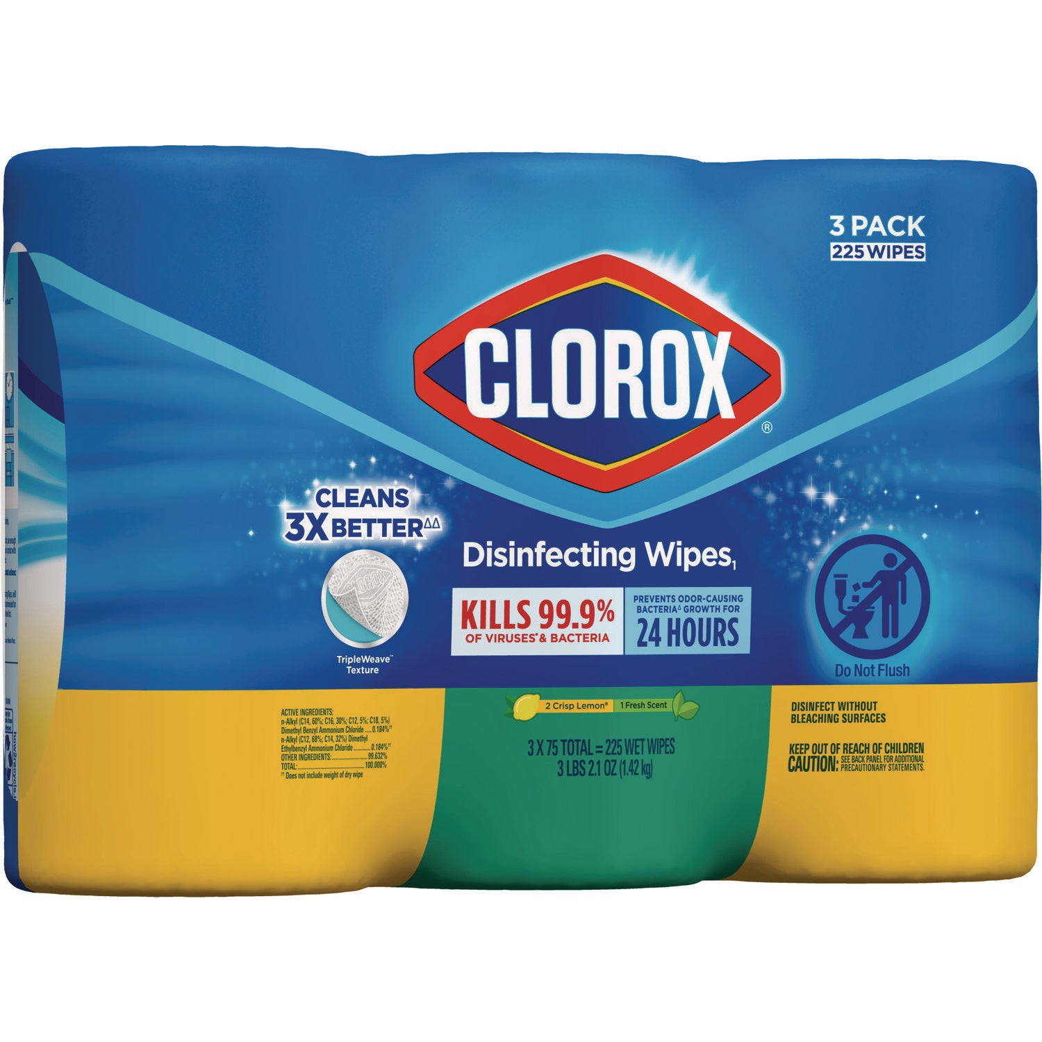 Clorox® Disinfecting Wipes, 1-Ply, 7 x 8, Fresh Scent/Citrus Blend, White, 75/Canister, 3/Pack, 4 Packs/Carton