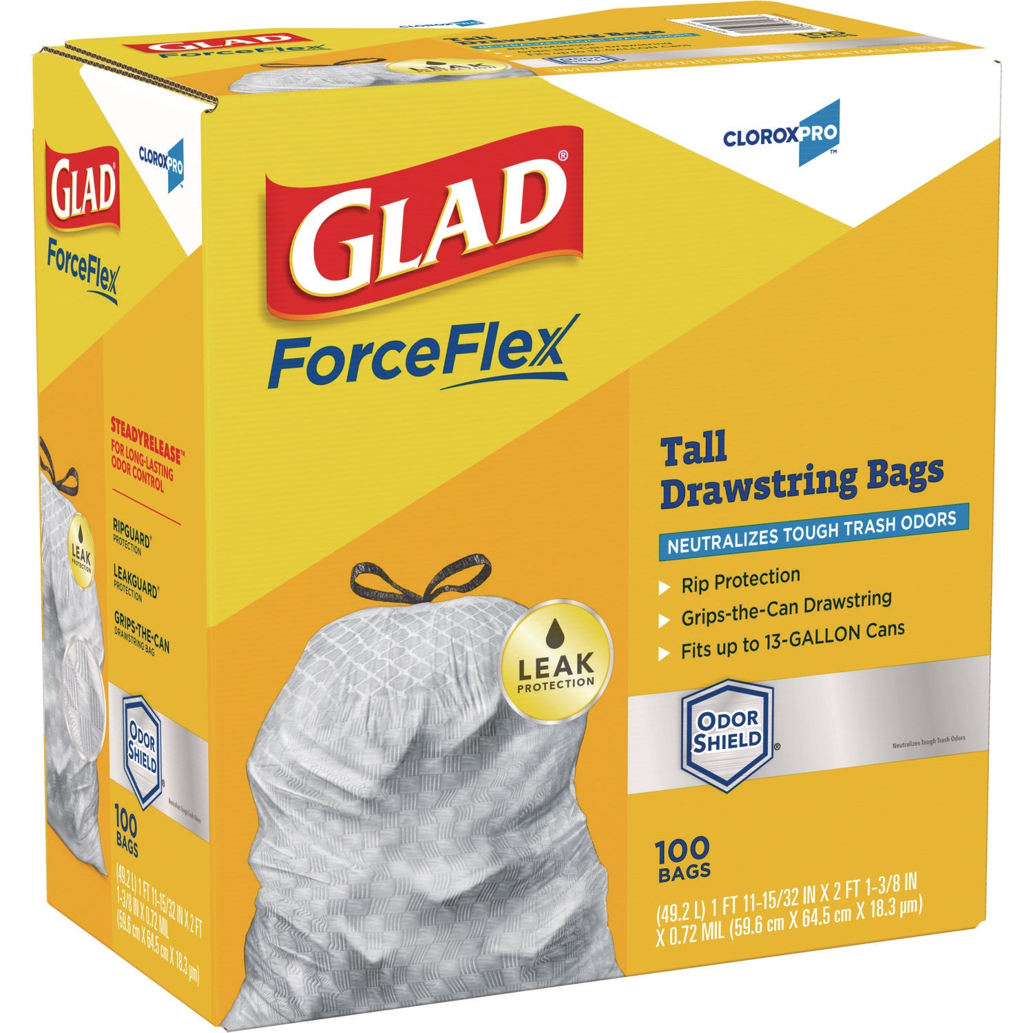 Glad® CloroxPro ForceFlex Tall Kitchen Drawstring Trash Bags, 13 gal, 23.75 x 24.88, Gray, 100/Box