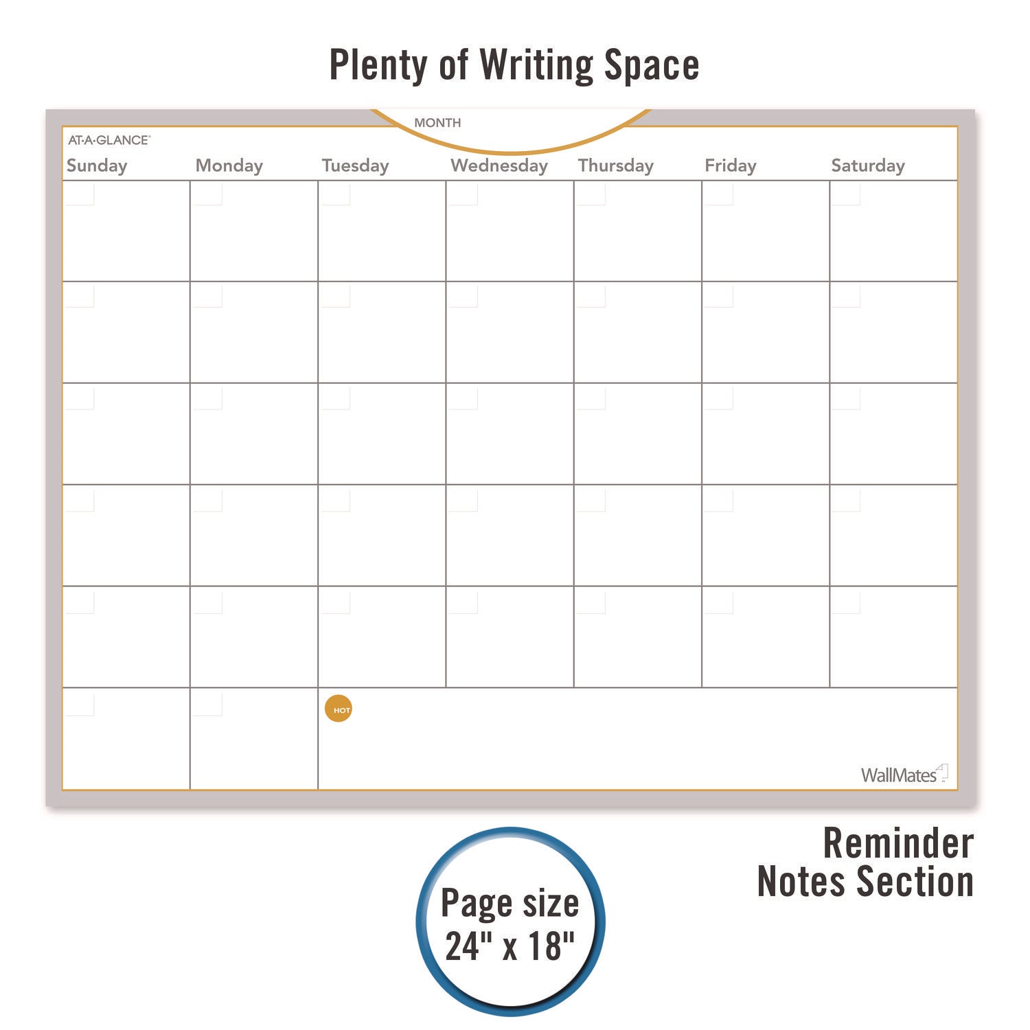 AT-A-GLANCE® Wallmates Self-Adhesive Dry Erase Monthly Planning Surfaces, 24 X 18, White/gray/orange Sheets, Undated