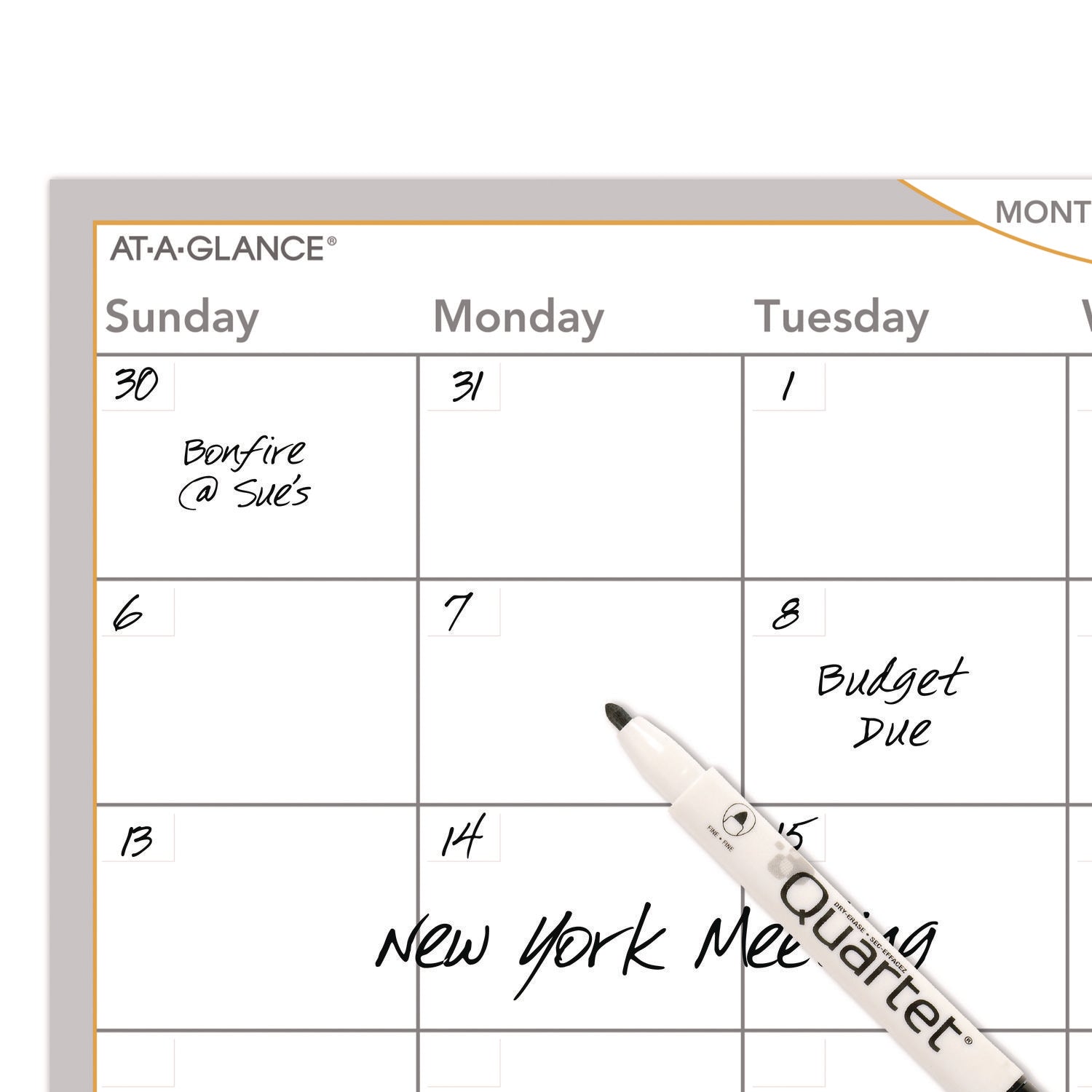 AT-A-GLANCE® Wallmates Self-Adhesive Dry Erase Monthly Planning Surfaces, 36 X 24, White/gray/orange Sheets, Undated