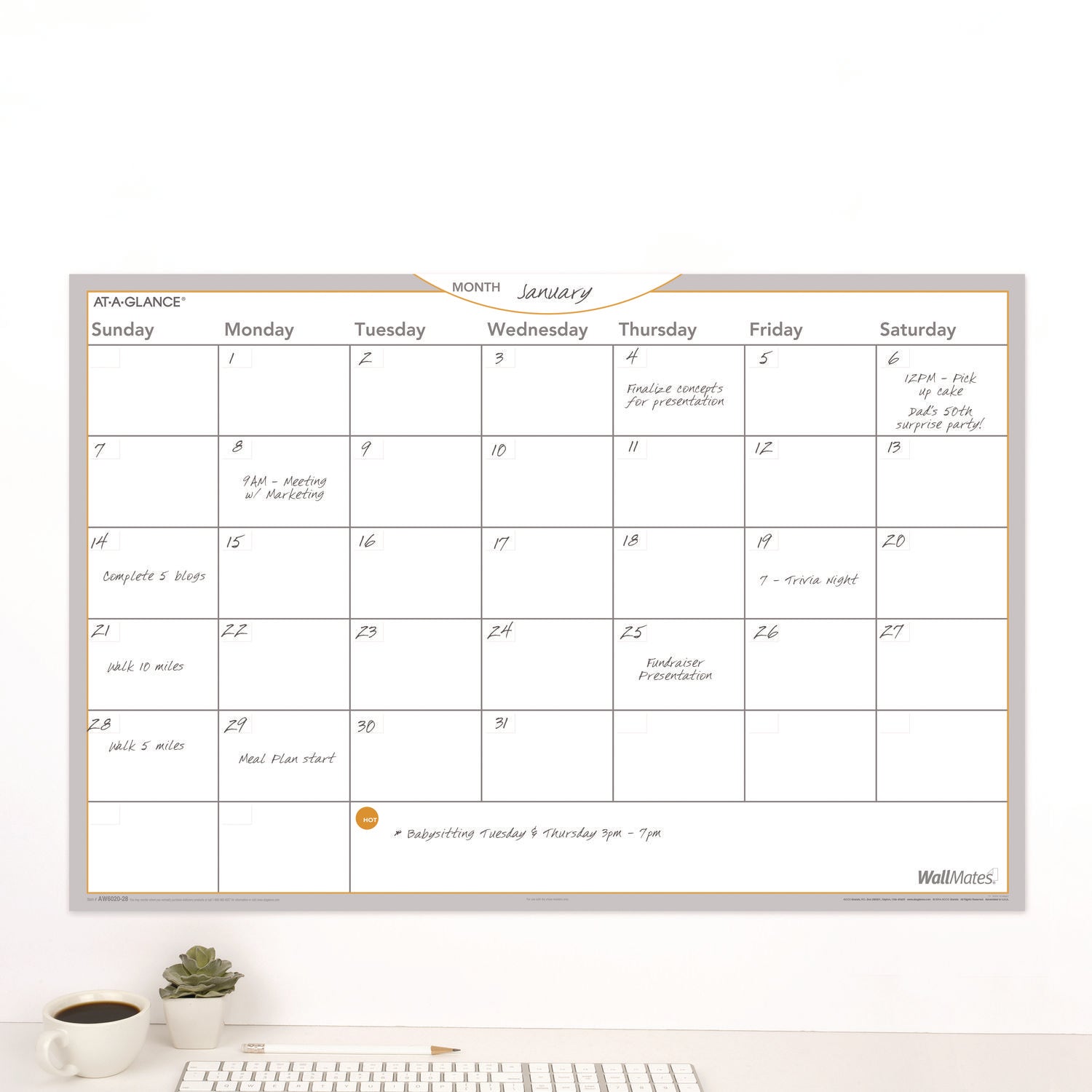 AT-A-GLANCE® Wallmates Self-Adhesive Dry Erase Monthly Planning Surfaces, 36 X 24, White/gray/orange Sheets, Undated