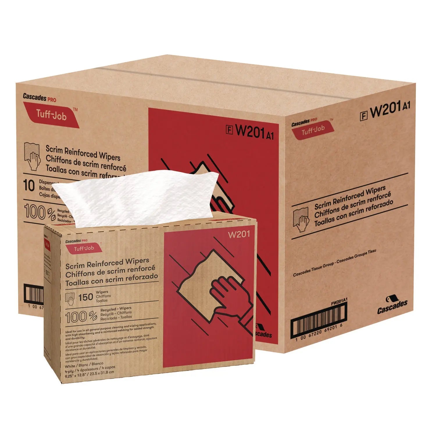 Tuff-Job Scrim Reinforced Wipers, 4-Ply, 9.25 x 12.5, White, 150/Box, 10 Boxes/Carton Cascades PRO Flipcost