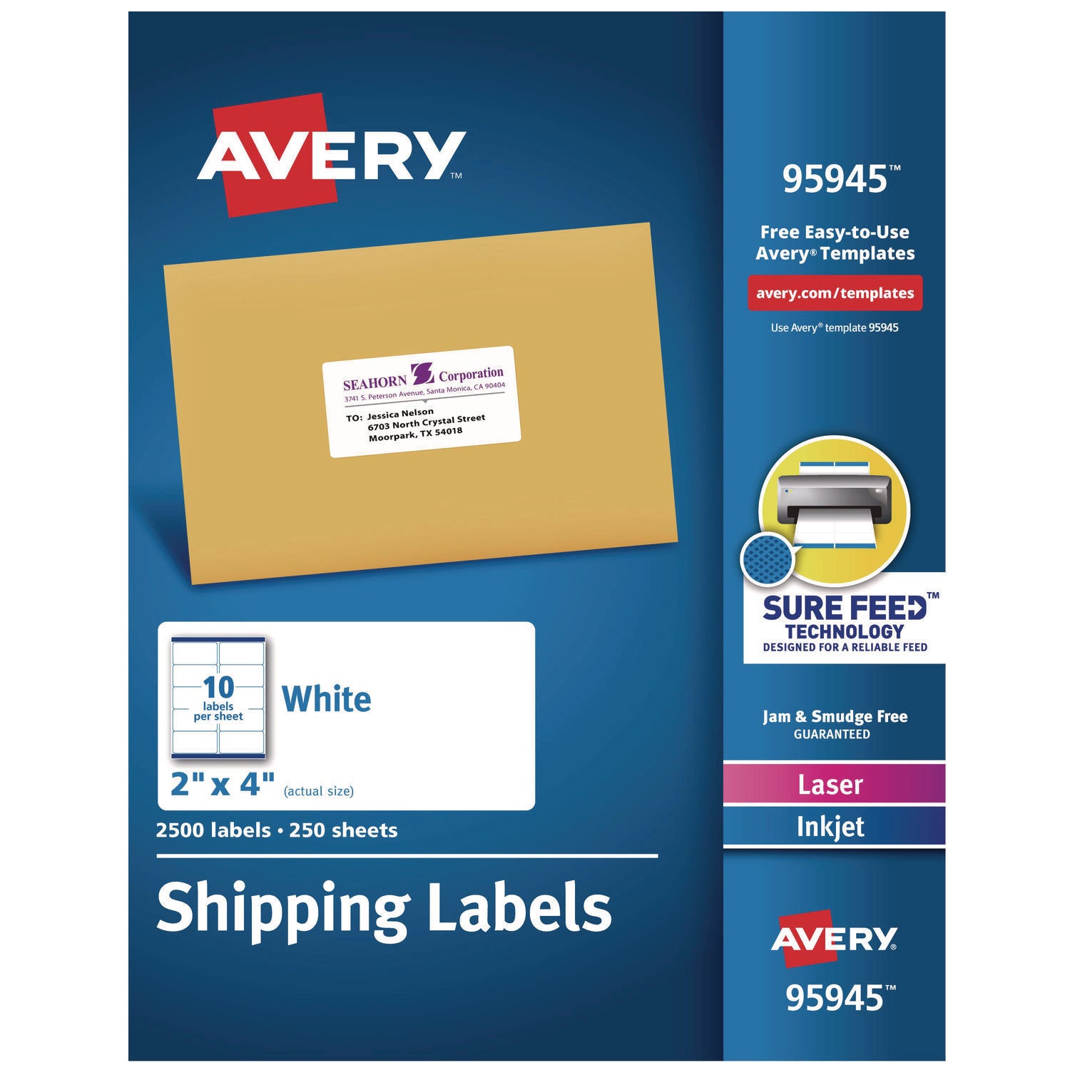 White Shipping Labels-Bulk Packs, Inkjet/Laser Printers, 2 x 4, White, 10/Sheet, 250 Sheets/Box