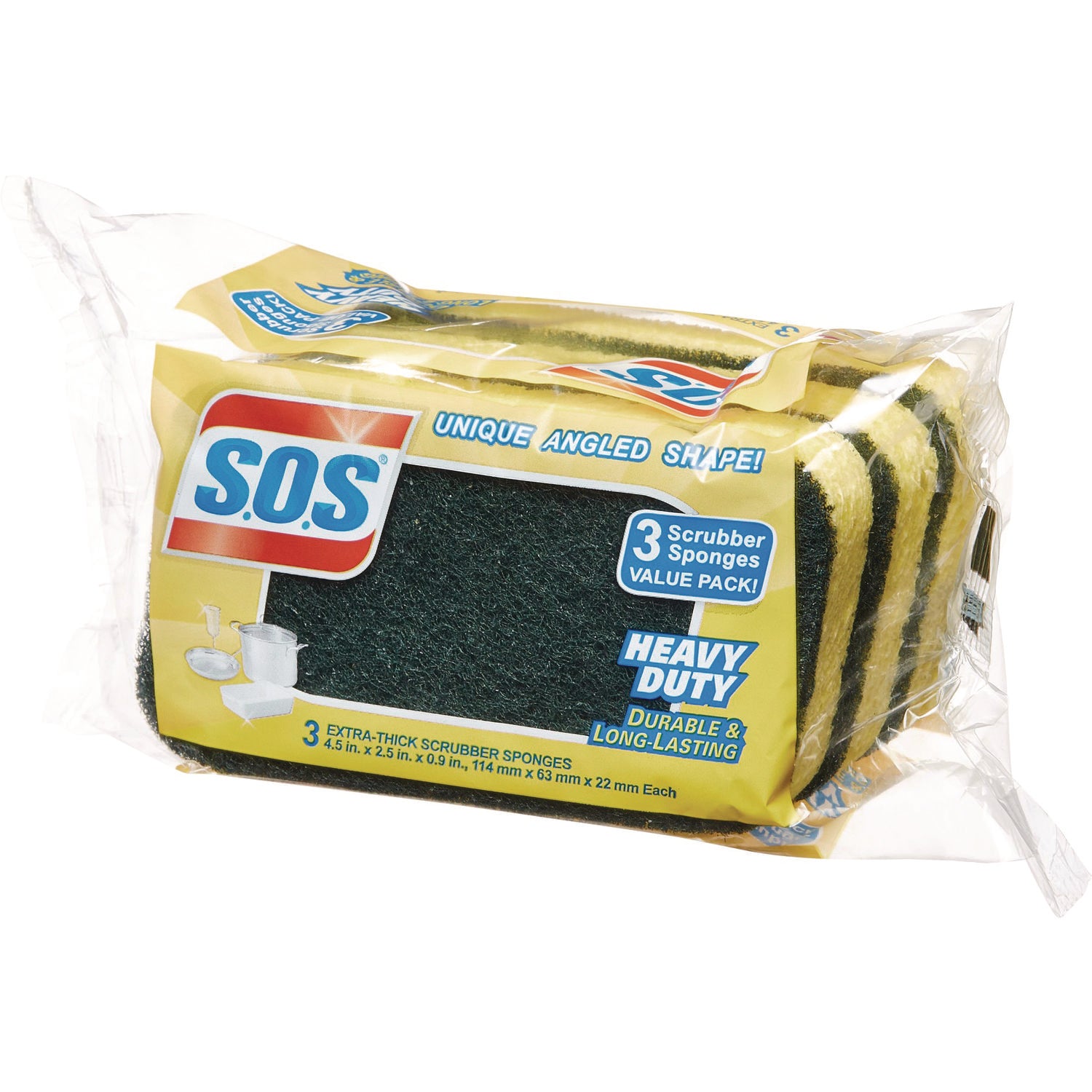 S.O.S.® Heavy Duty Scrubber Sponge, 2.5 x 4.5, 0.9" Thick, Yellow/Green, 3/Pack, 8 Packs/Carton