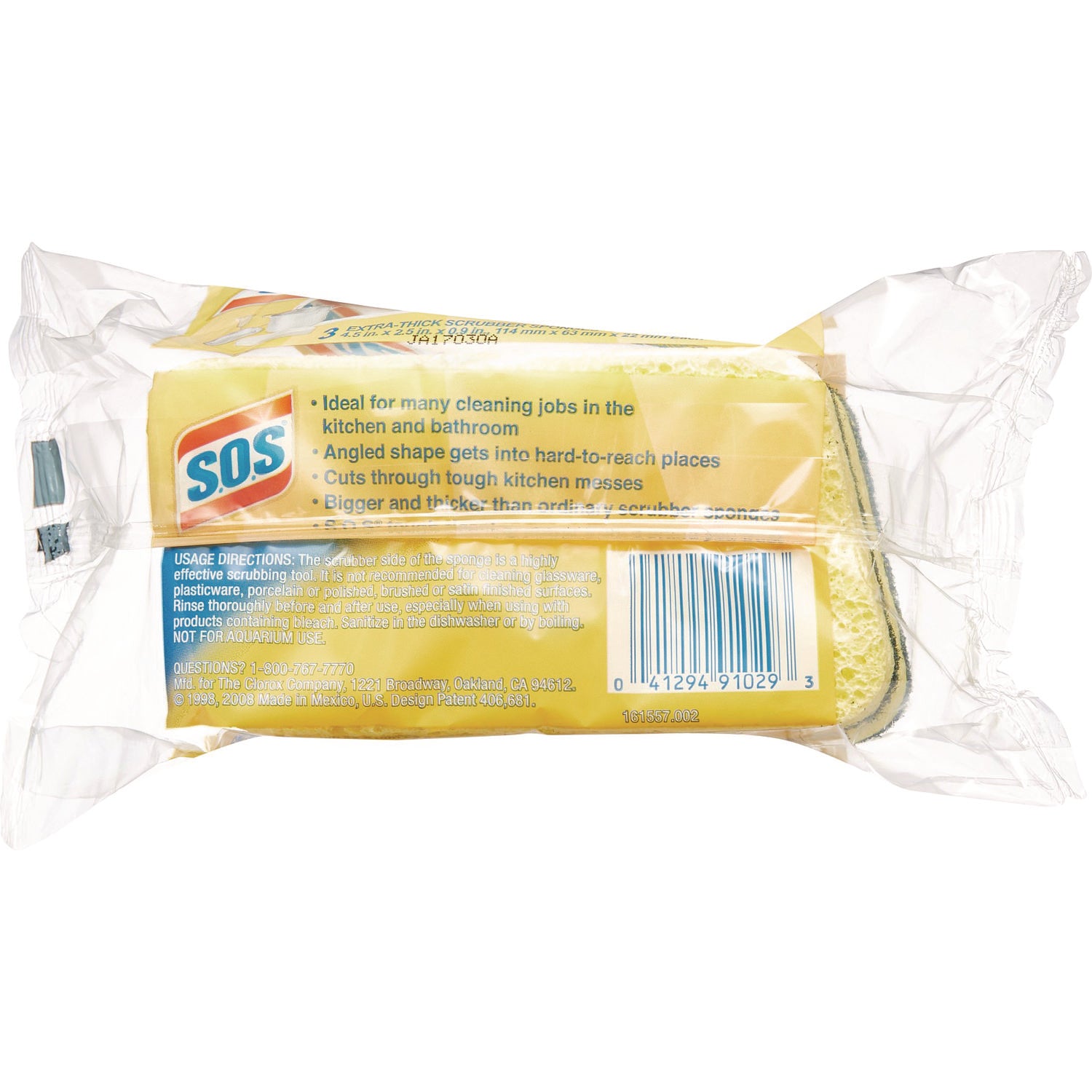 S.O.S.® Heavy Duty Scrubber Sponge, 2.5 x 4.5, 0.9" Thick, Yellow/Green, 3/Pack, 8 Packs/Carton