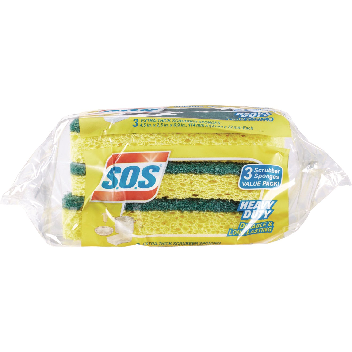 S.O.S.® Heavy Duty Scrubber Sponge, 2.5 x 4.5, 0.9" Thick, Yellow/Green, 3/Pack, 8 Packs/Carton