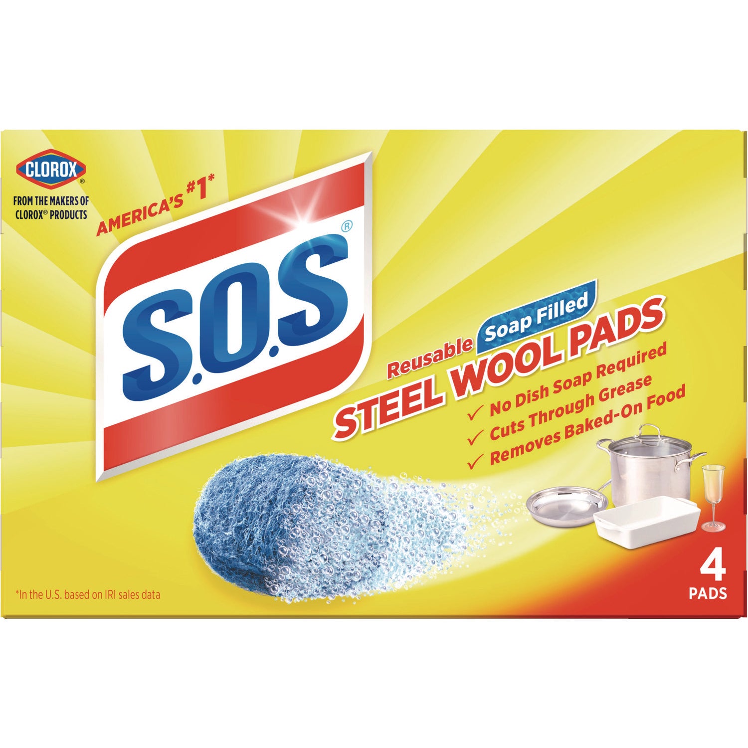 S.O.S.® Steel Wool Soap Pad, Steel, 4/box, 24 Boxes/carton