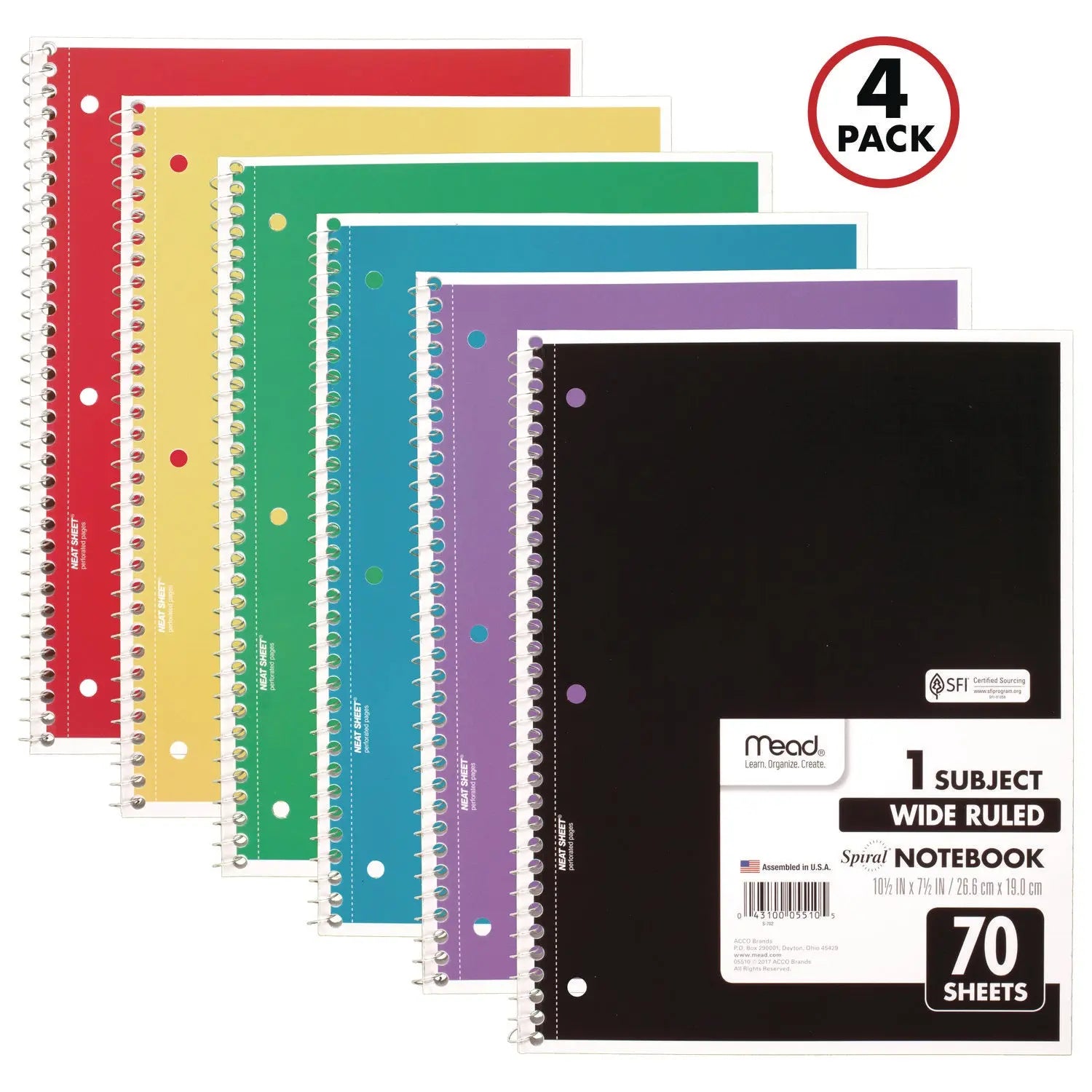 Spiral Notebook, 1-Subject, Wide/Legal Rule, Randomly Assorted Cover Color, (70) 8 x 10.5 Sheets, 4/Pack