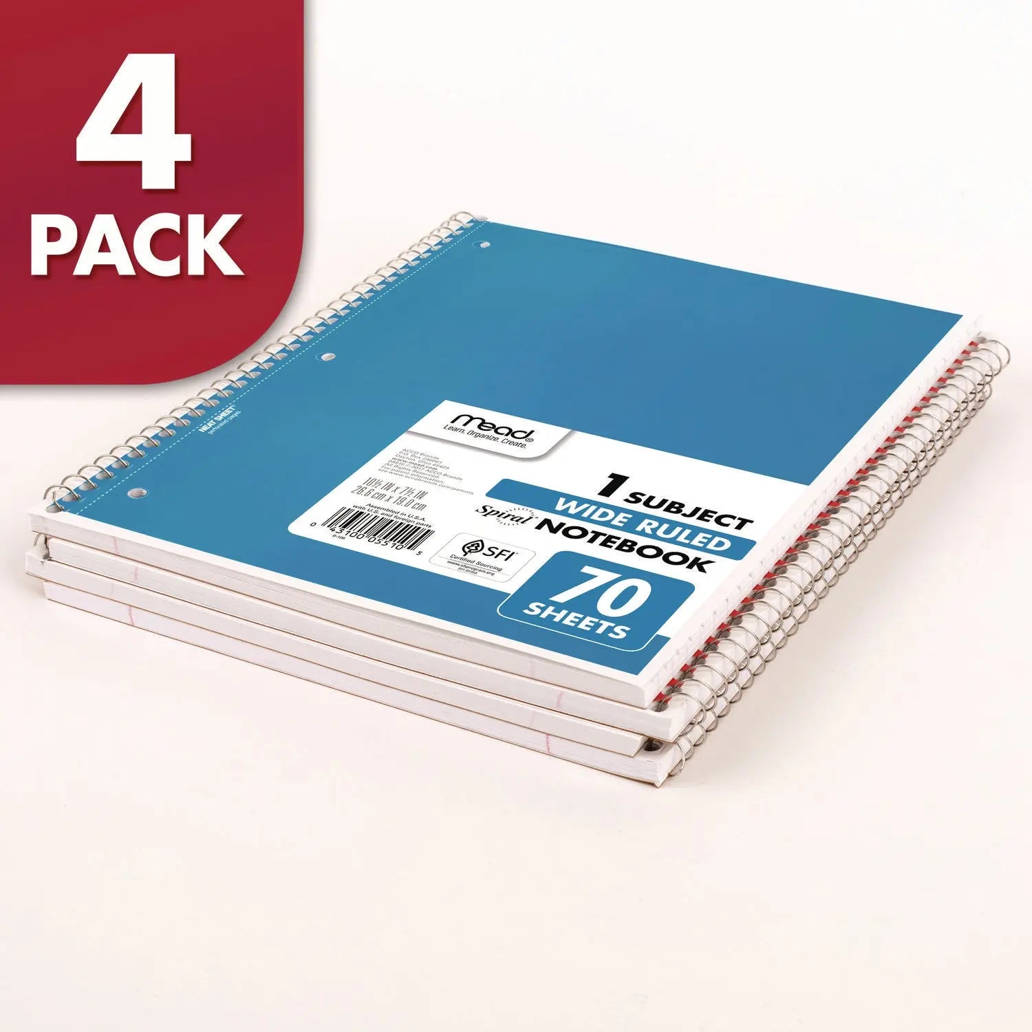 Spiral Notebook, 1-Subject, Wide/Legal Rule, Randomly Assorted Cover Color, (70) 8 x 10.5 Sheets, 4/Pack Mead® Flipcost