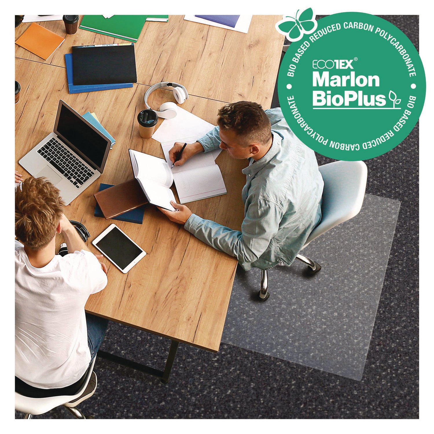 Floortex® Ecotex Marlon BioPlus Rectangular Polycarbonate Chair Mat for Low/Medium Pile Carpets, Rectangular, 45" w x 53" l, Clear