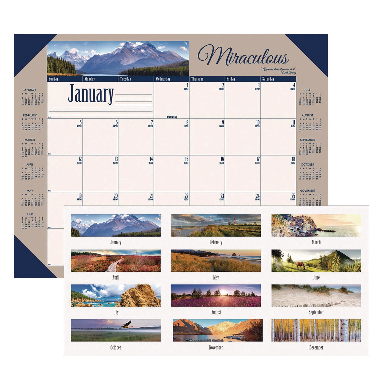 Earthscapes Recycled Monthly Desk Pad Calendar, Motivational Photos, 22 x 17, Blue Binding/Corners, 12-Month (Jan-Dec): 2025