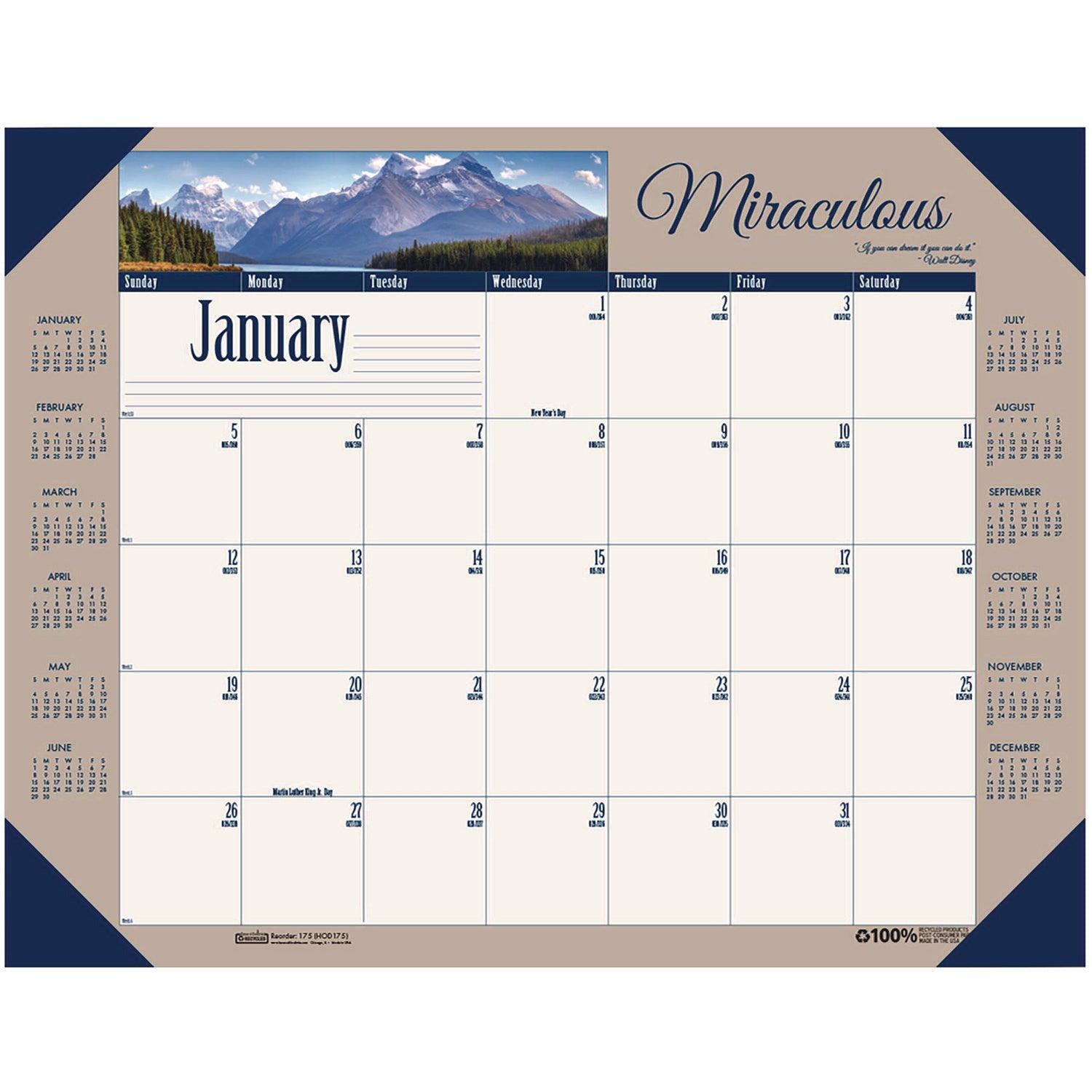 House of Doolittle™ Earthscapes Recycled Monthly Desk Pad Calendar, Motivational Photos, 22 x 17, Blue Binding/Corners, 12-Month (Jan-Dec): 2025