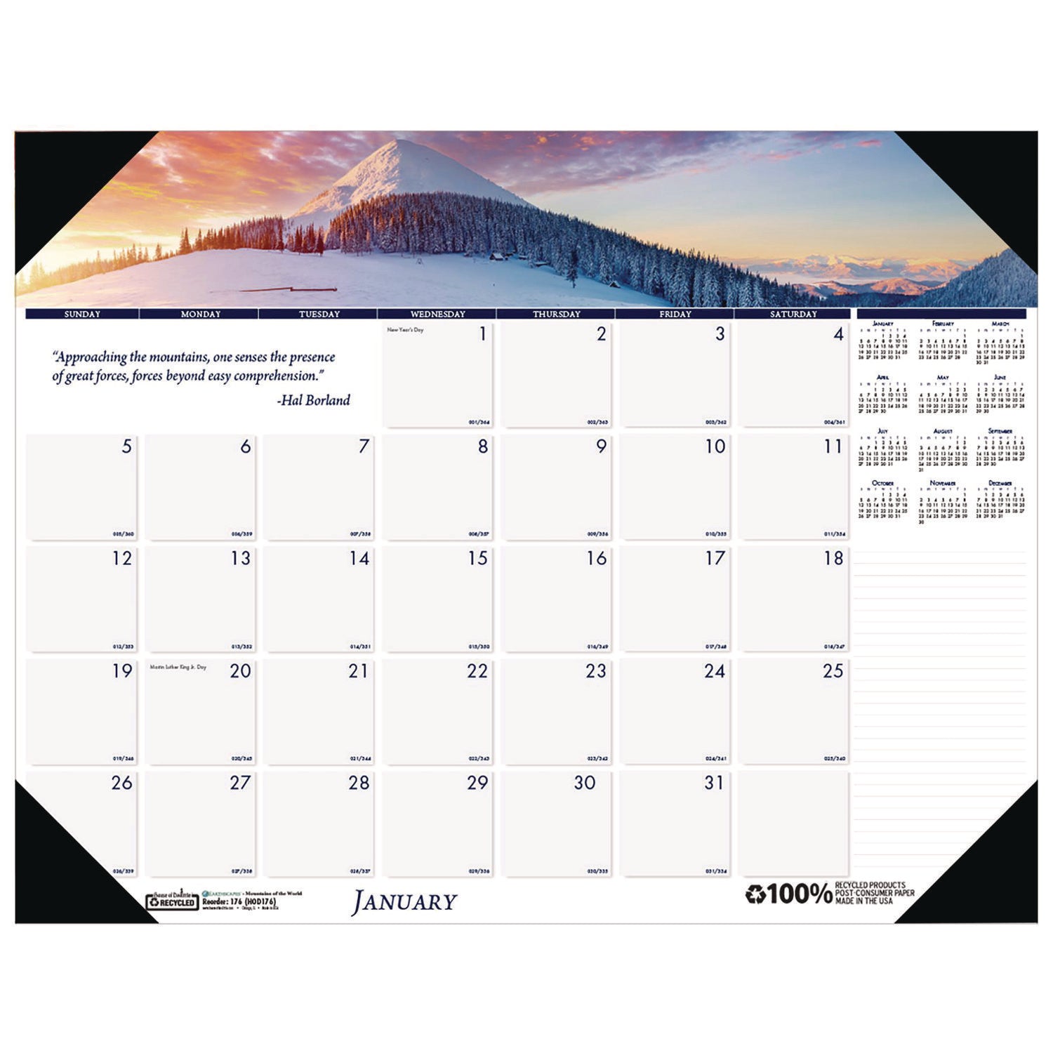 House of Doolittle™ Earthscapes Recycled Monthly Desk Pad Calendar, Mountains of the World Photos, 22 x 17, Black Corners,12-Month(Jan-Dec): 2025