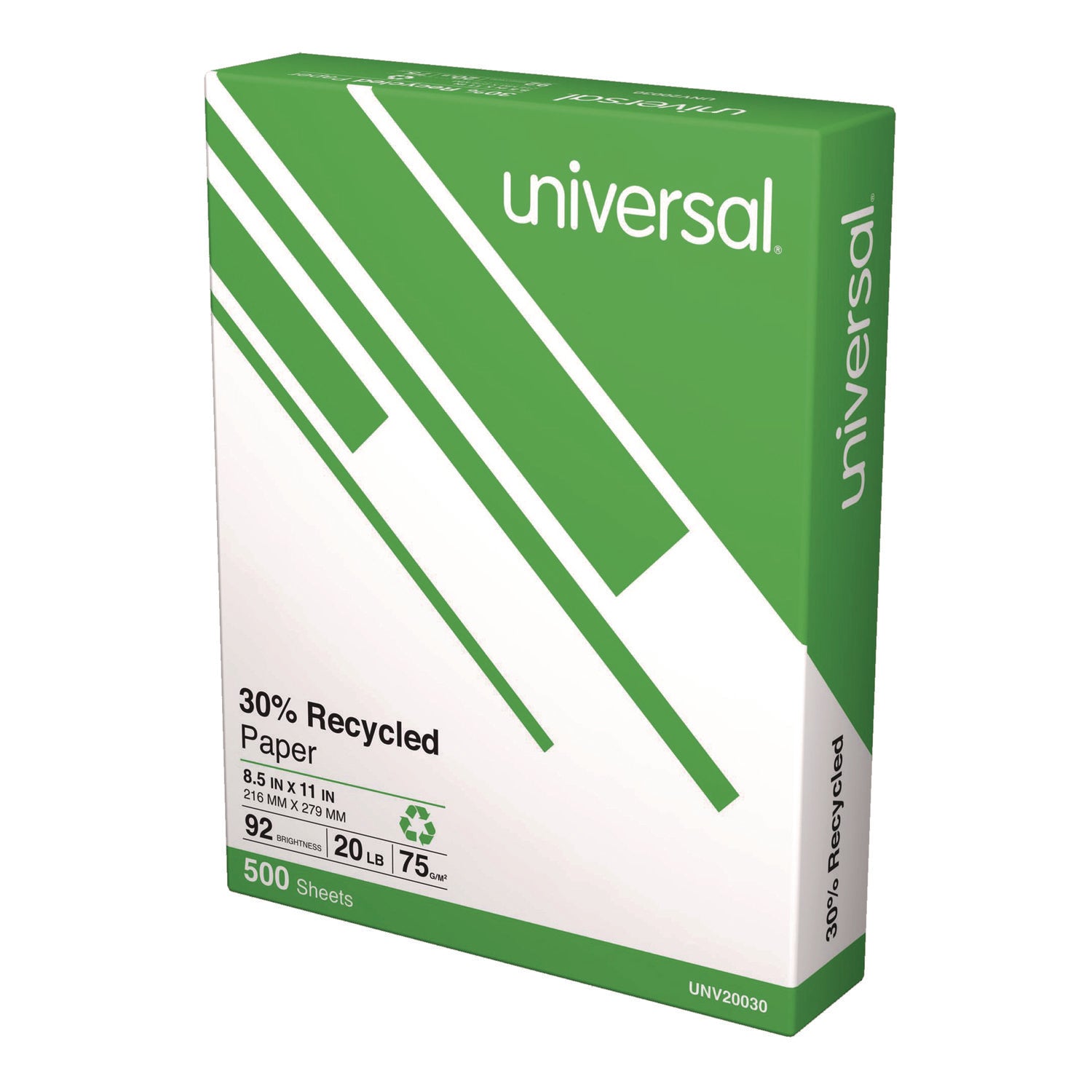 Universal® 30% Recycled Copy Paper, 92 Bright, 20 lb Bond Weight, 8.5 x 11, White, 500 Sheets/Ream, 5 Reams/Carton