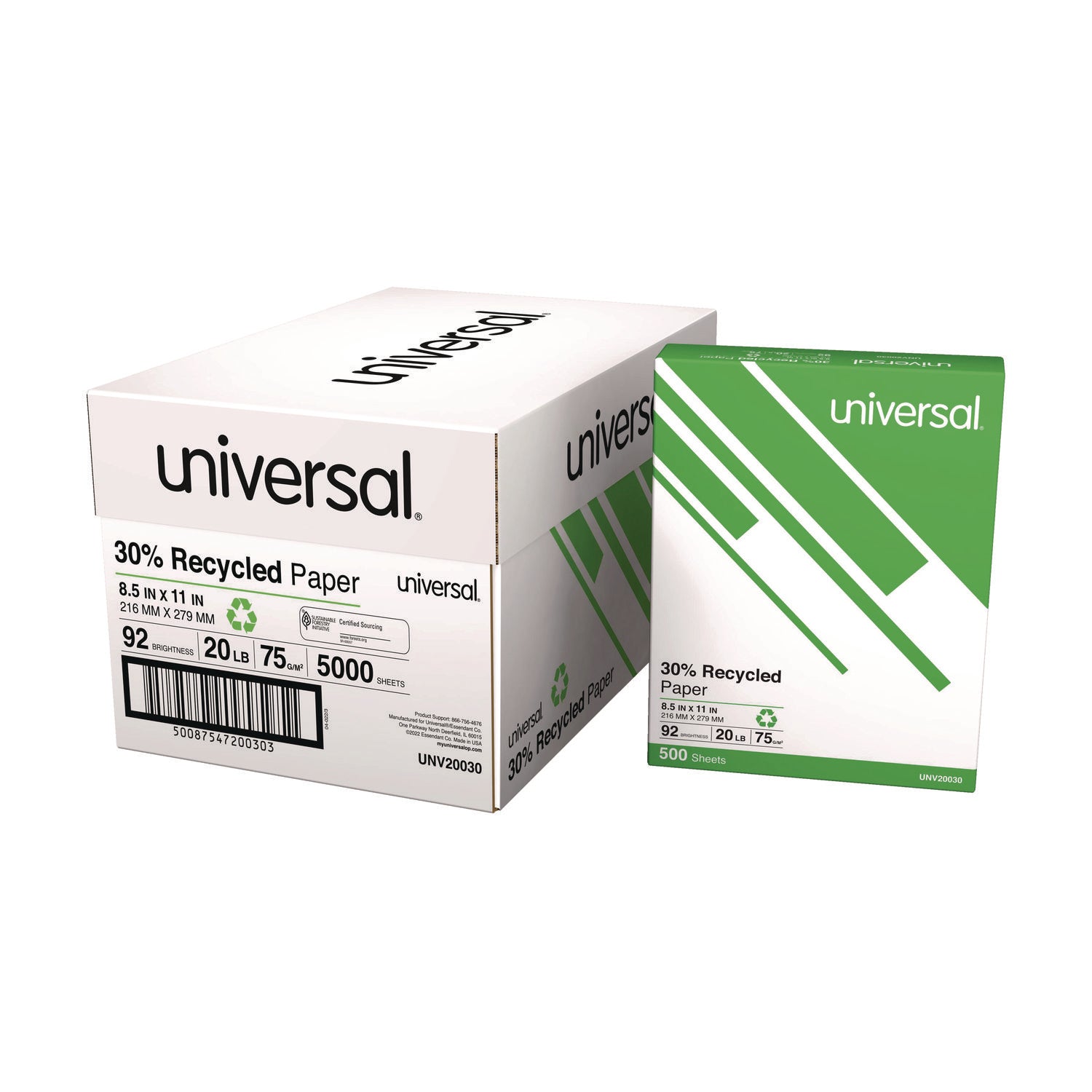 Universal® 30% Recycled Copy Paper, 92 Bright, 20 lb Bond Weight, 8.5 x 11, White, 500 Sheets/Ream, 10 Reams/Carton, 40 Cartons/Pallet
