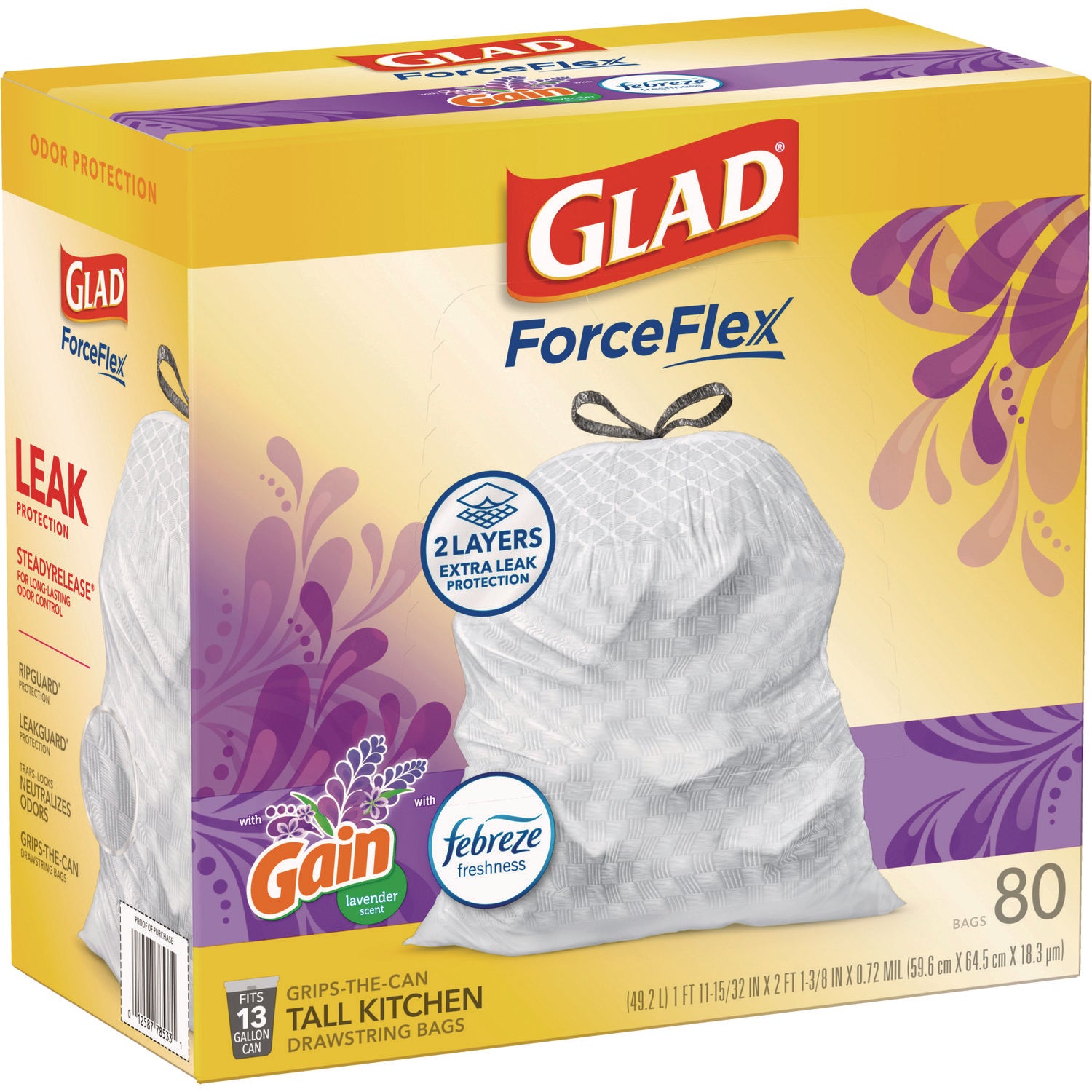 Glad® ForceFlex Kitchen Drawstring Trash Bags, 13 gal, Lavender Breeze Scent, 24" x 27.38", White, 80/Box