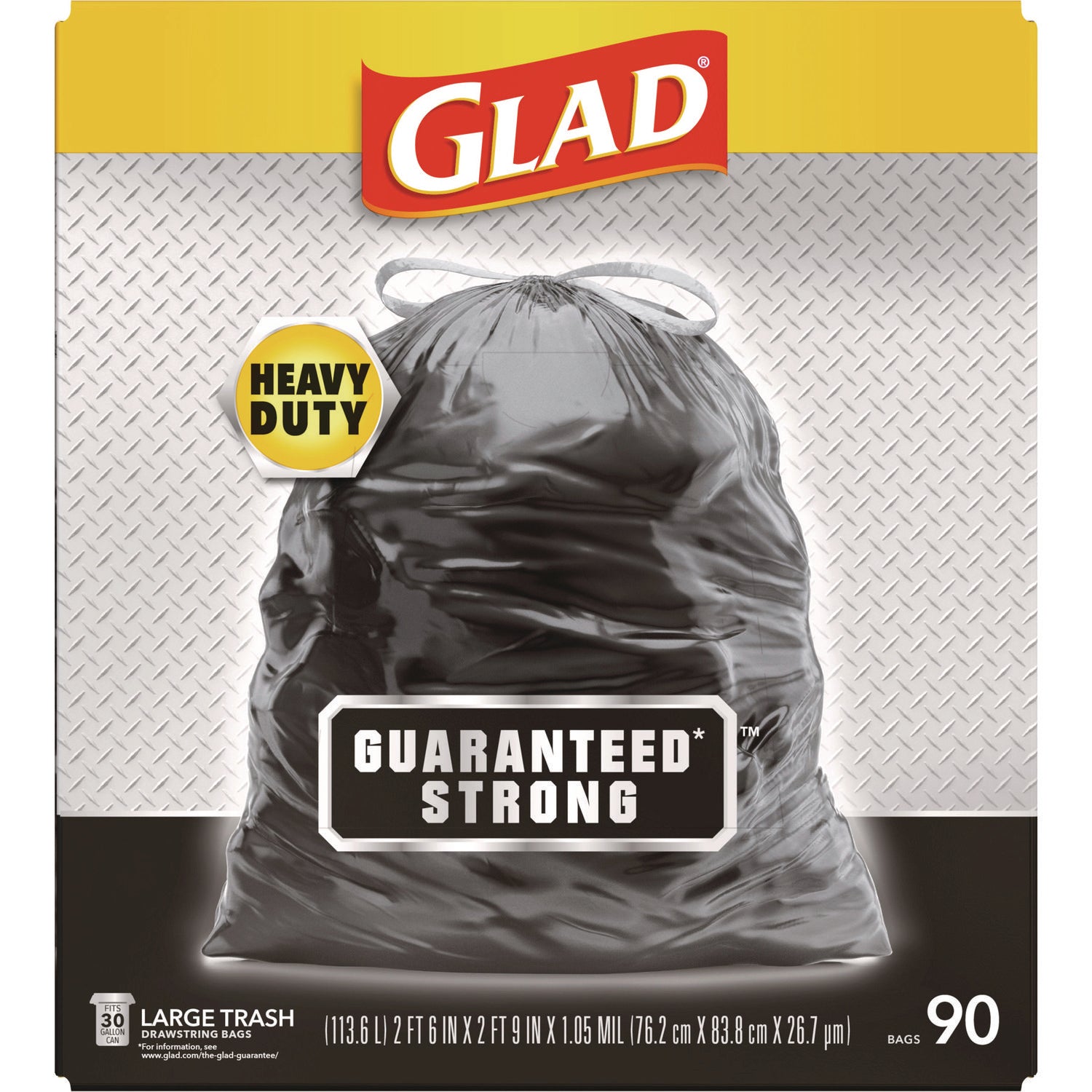 Glad® Guaranteed Strong Large Drawstring Trash Bags, Three-Ply, 30 gal, 1.05 mil, 30" x 33", Black, 90/Carton