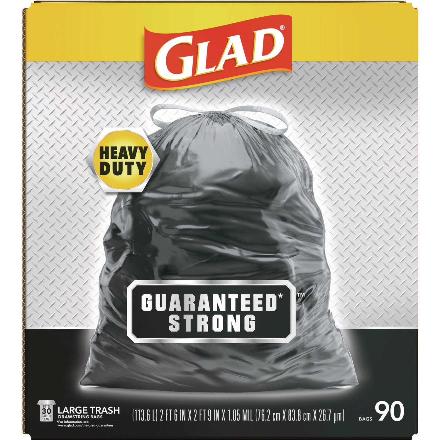 Glad® Guaranteed Strong Large Drawstring Trash Bags, Three-Ply, 30 gal, 1.05 mil, 30" x 33", Black, 90/Carton