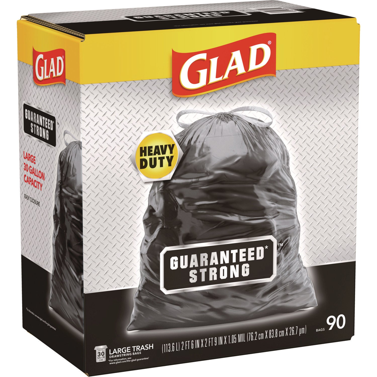 Glad® Guaranteed Strong Large Drawstring Trash Bags, Three-Ply, 30 gal, 1.05 mil, 30" x 33", Black, 90/Carton