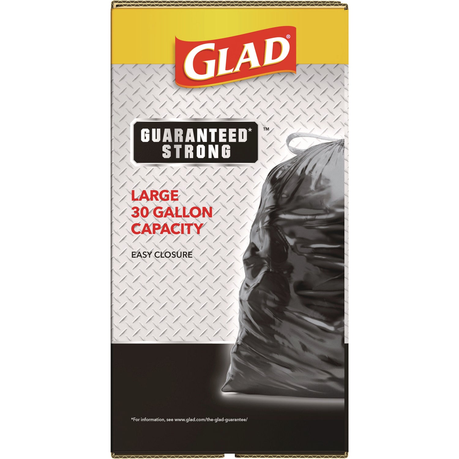 Glad® Guaranteed Strong Large Drawstring Trash Bags, Three-Ply, 30 gal, 1.05 mil, 30" x 33", Black, 90/Carton