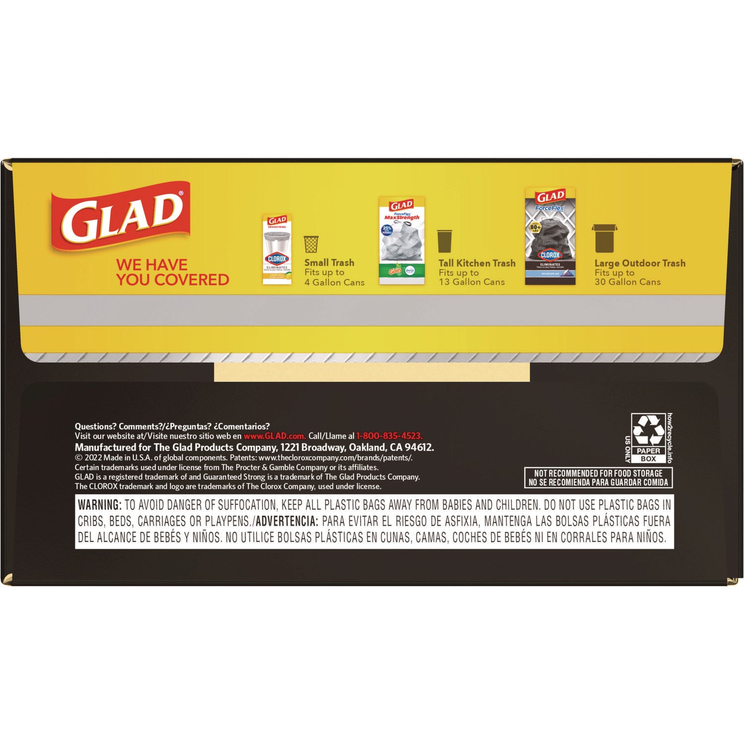 Glad® Guaranteed Strong Large Drawstring Trash Bags, Three-Ply, 30 gal, 1.05 mil, 30" x 33", Black, 90/Carton