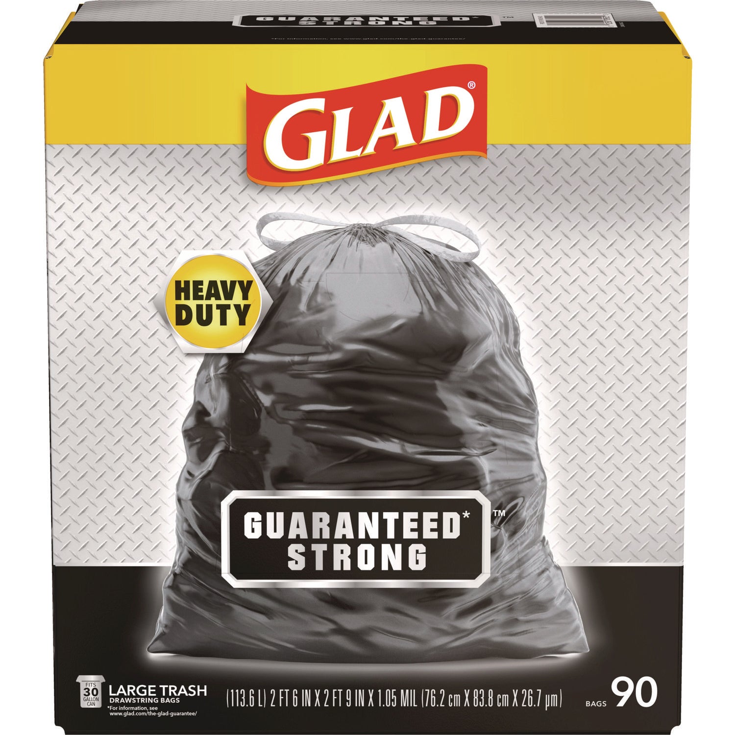 Drawstring Large Trash Bags, Three-Ply, 30 gal, 1.05 mil, 30" x 33", Black, 90/Carton
