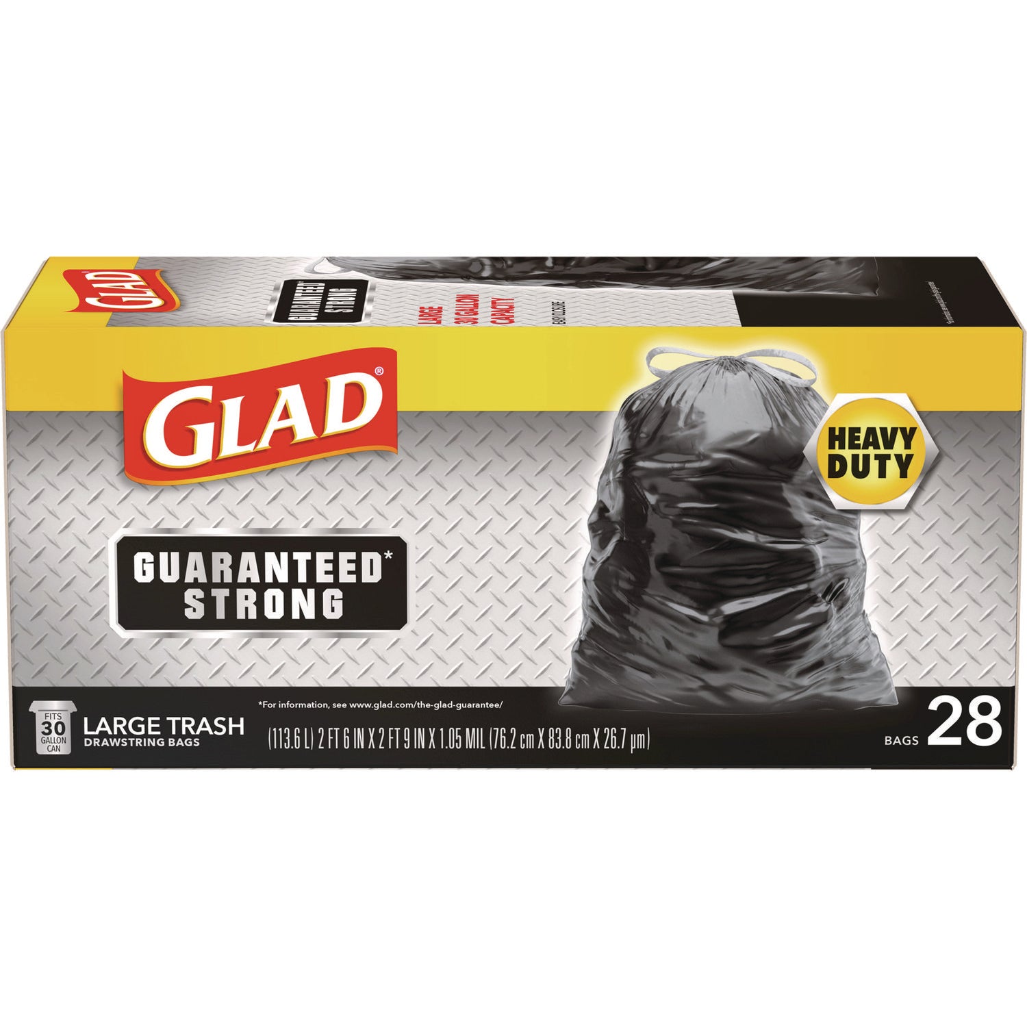 Glad® Guaranteed Strong Large Drawstring Trash Bags, Three-Ply, 30 gal, 1.05 mil, 30 x 33, Black, 28/Box