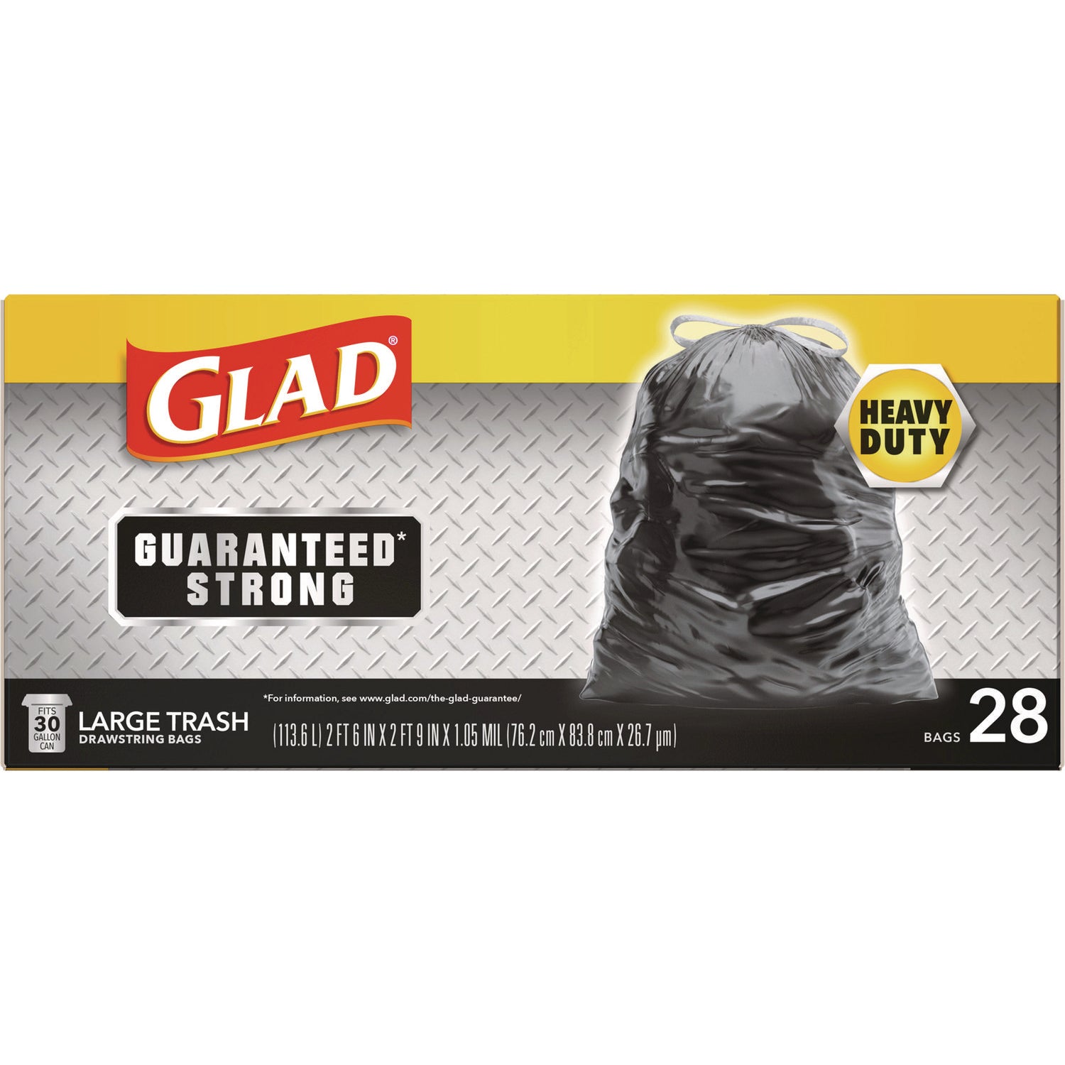 Glad® Guaranteed Strong Large Drawstring Trash Bags, Three-Ply, 30 gal, 1.05 mil, 30 x 33, Black, 28/Box