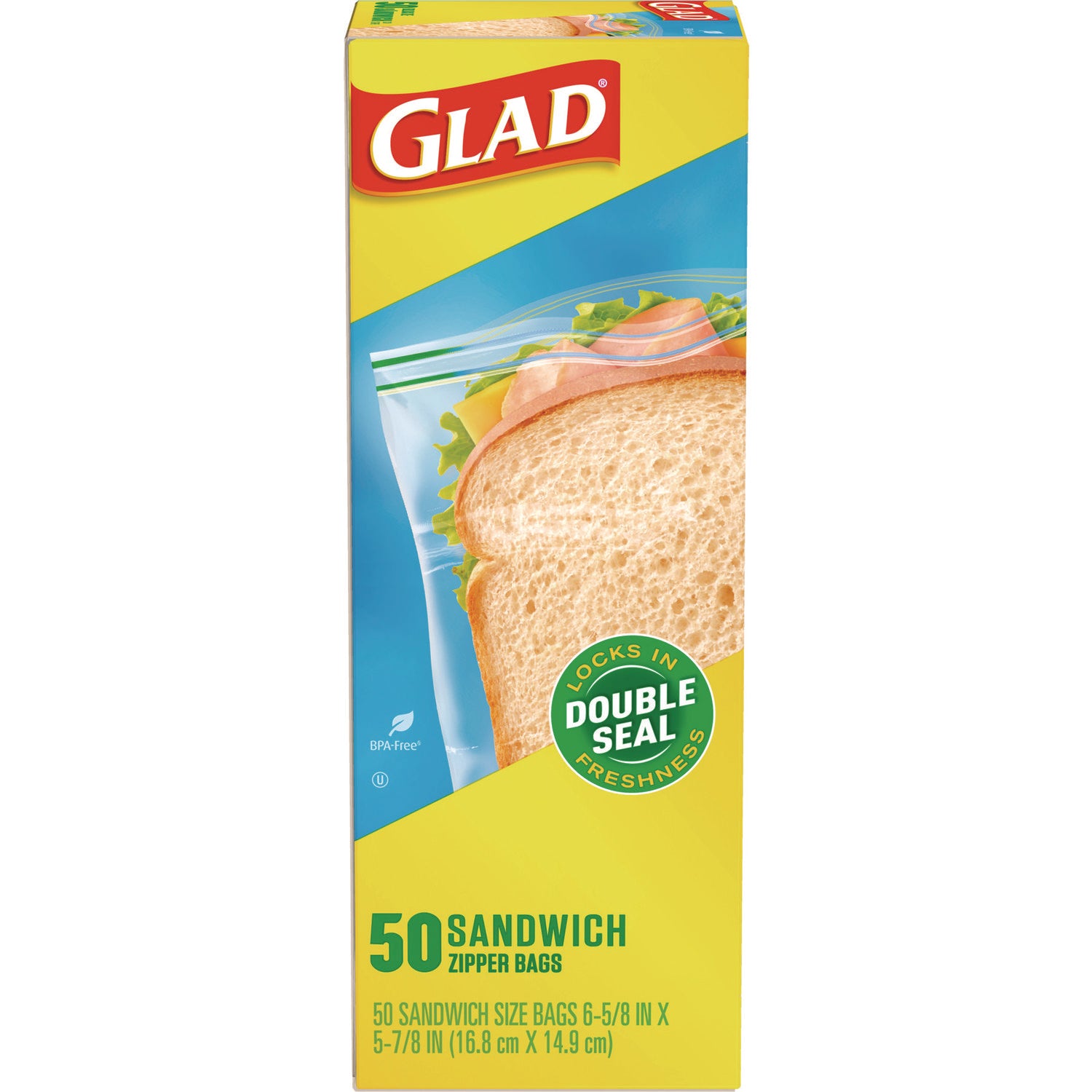 Glad® Zipper Food Storage Sandwich Bags, 6.63 x 5.88, Clear, 50 Bags/Box, 12 Boxes/Carton