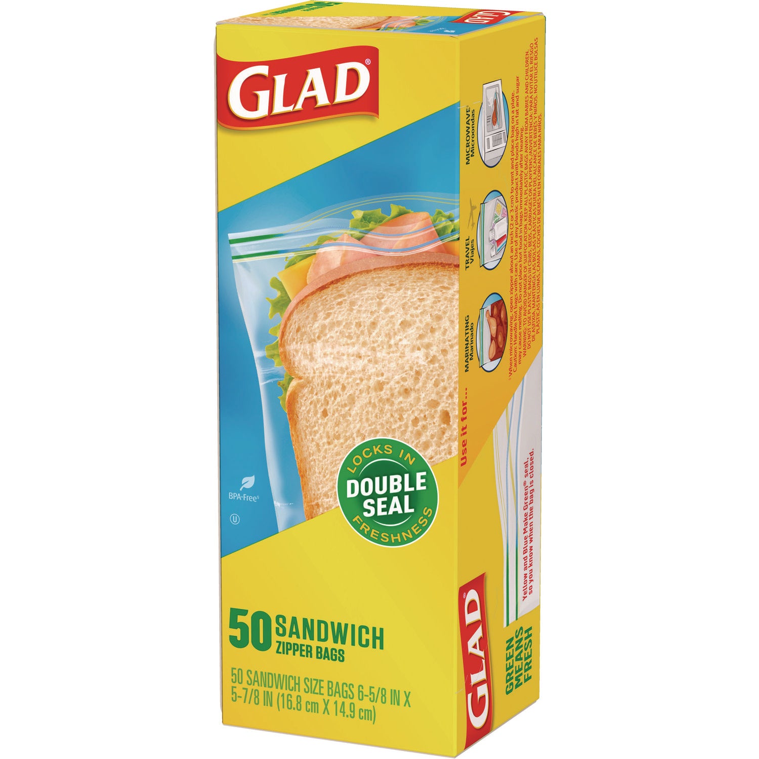Glad® Zipper Food Storage Sandwich Bags, 6.63 x 5.88, Clear, 50 Bags/Box, 12 Boxes/Carton
