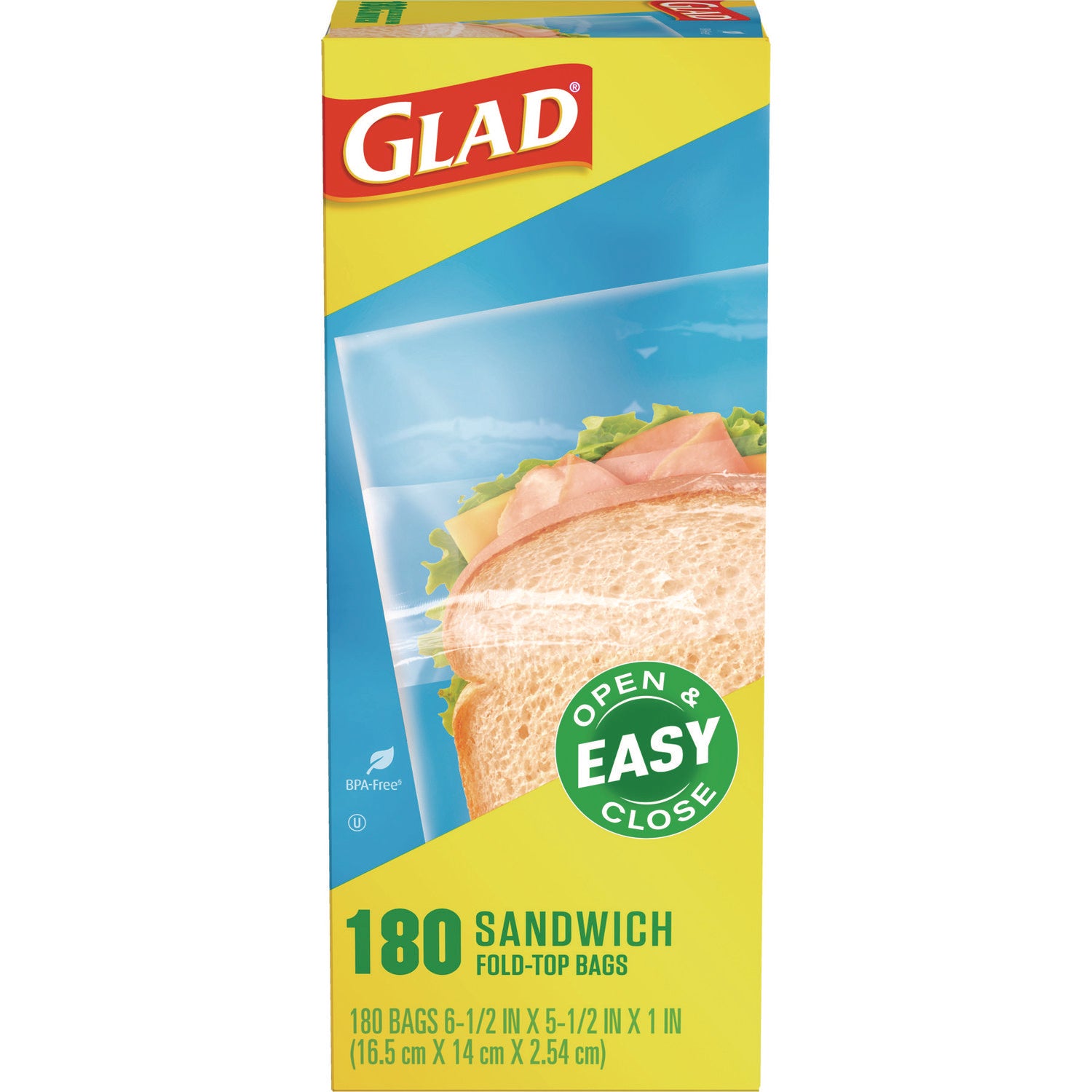 Glad® Fold Top Food Storage Sandwich Bags, 6.5 x 5.5, Clear, 180 Bags/Box, 12 Boxes/Carton