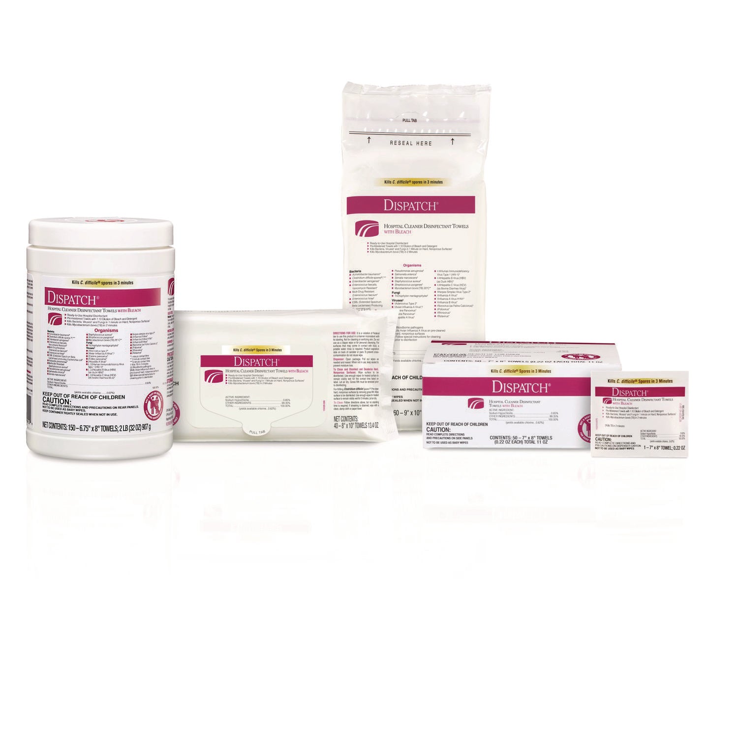 Clorox Healthcare® Dispatch Hospital Cleaner Disinfectant Towels w/Bleach, 1-Ply, 6.75 x 8, Unscented, White, 150/Canister, 8 Canisters/Carton