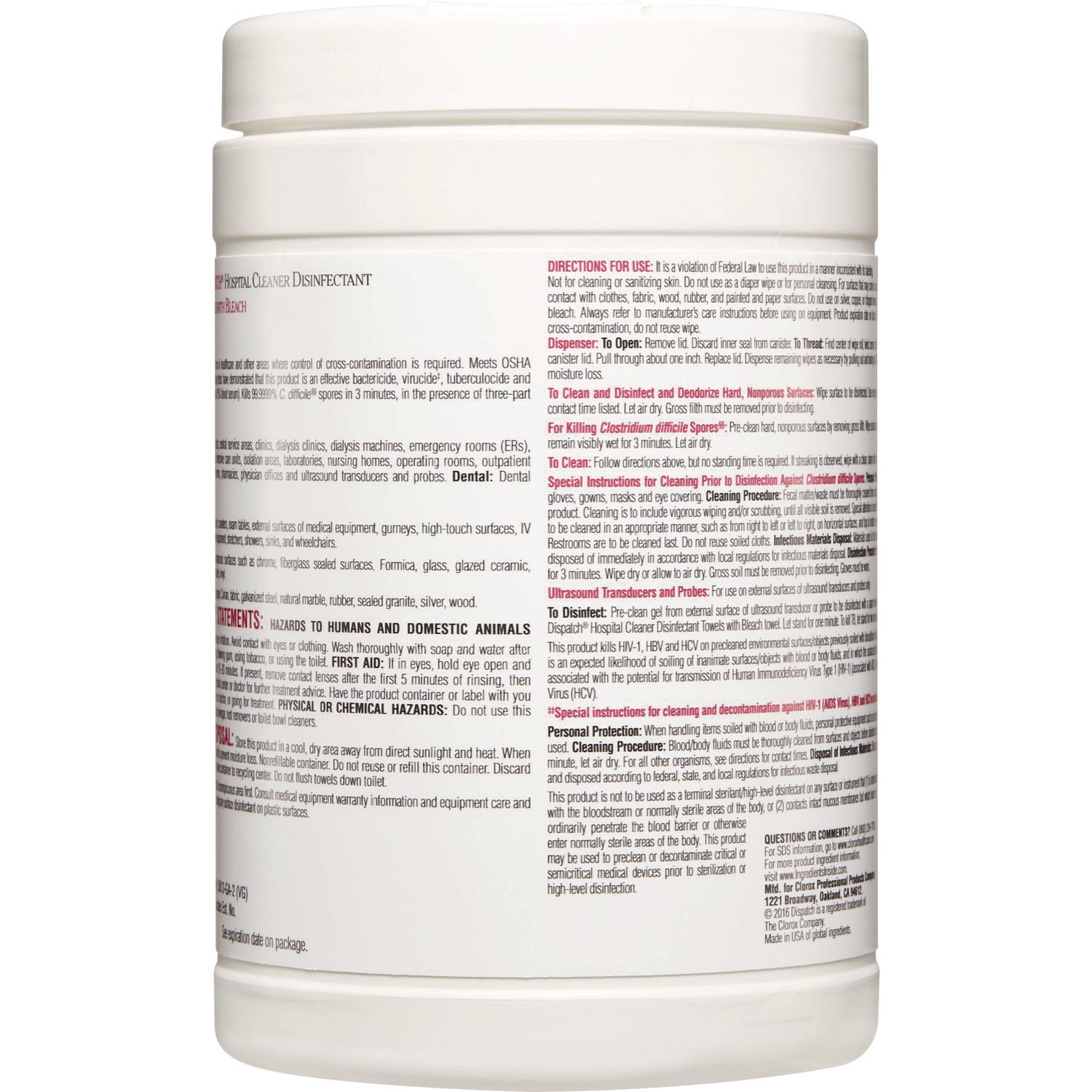 Clorox Healthcare® Dispatch Hospital Cleaner Disinfectant Towels w/Bleach, 1-Ply, 6.75 x 8, Unscented, White, 150/Canister, 8 Canisters/Carton