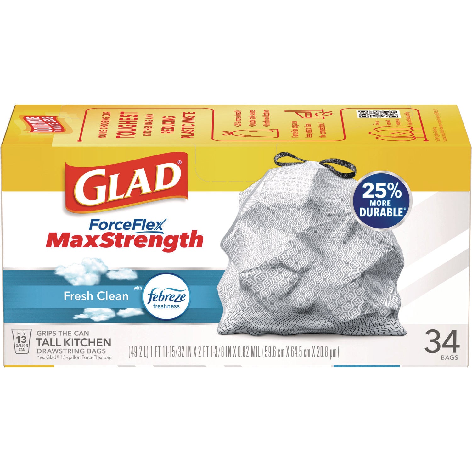 Glad® ForceFlex MaxStrength Tall Kitchen Drawstring Trash Bags, 13 gal, Fresh Clean Scent, 24 x 28, White, 34/Box, 6 Boxes/Carton