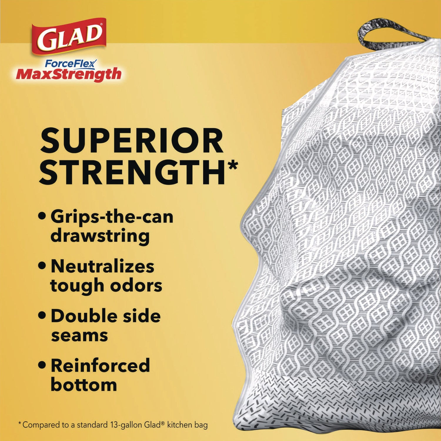 Glad® ForceFlex MaxStrength Tall Kitchen Drawstring Trash Bags, 13 gal, Fresh Clean Scent, 24 x 28, White, 34/Box, 6 Boxes/Carton