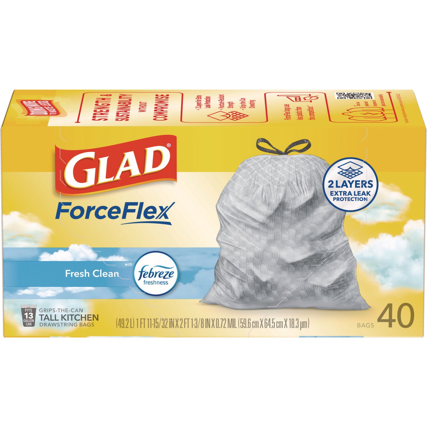 Glad® ForceFlex Kitchen Drawstring Trash Bags, 13 gal, Fresh Clean Scent, 24" x 27.38", White, 40 Bags/Box, 6 Boxes/Carton