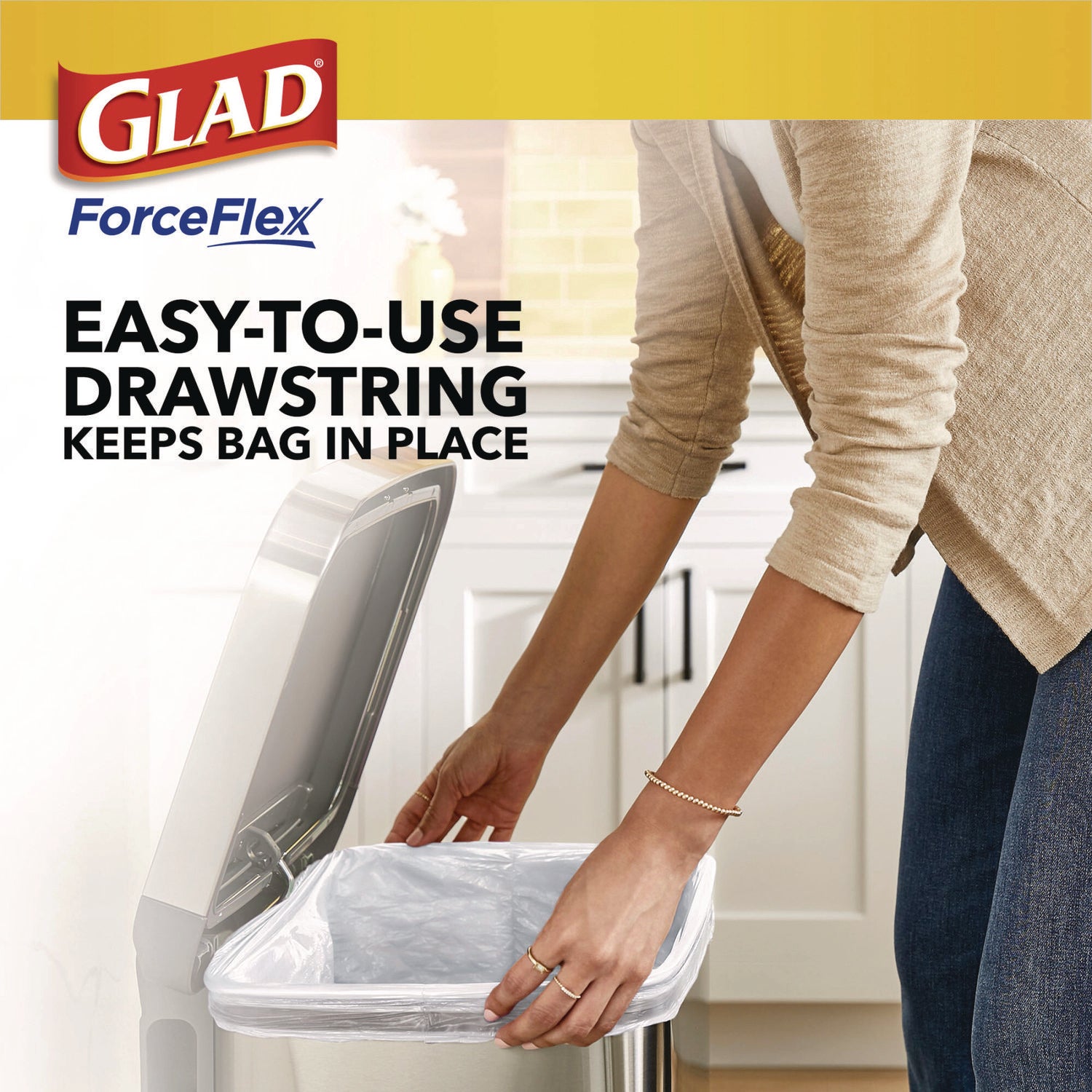 Glad® ForceFlex Kitchen Drawstring Trash Bags, 13 gal, Fresh Clean Scent, 24" x 27.38", White, 40 Bags/Box, 6 Boxes/Carton